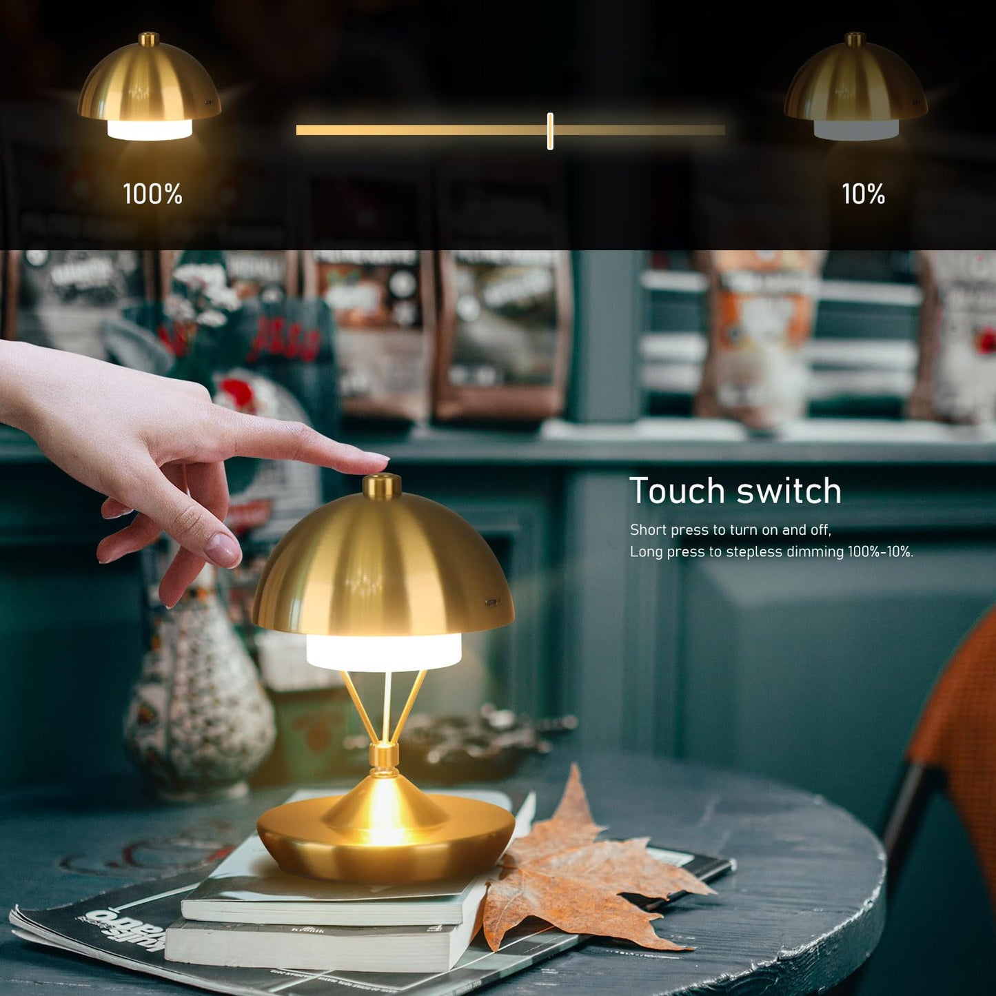 PSDSSHIIS Modern Table Lamp Cordless Portable Desk Lamp, 2700K Stepless Dimming Rechargeable Battery Operated LED Lights for Bedroom, USB-C Charging, Restaurant/Bar/Night Light/Gifts (Antique Brass)