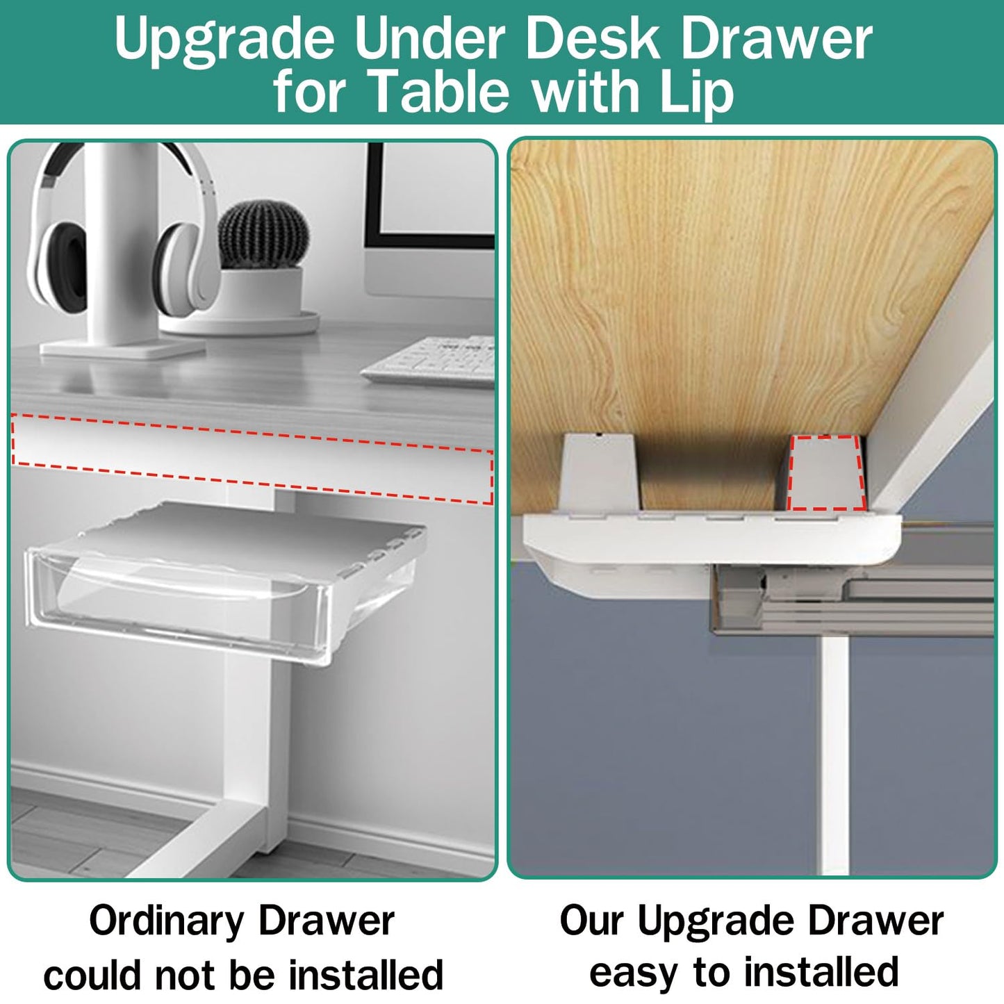 SVNNELP 2 Pack Upgrade Under Desk Drawer for Table with Lip,Office Attachable Plastic Desktop Accessories & Workspace Organizers,Hidden Under Table Desk Storage Organizer Pencil Tray Drawer Slide Out