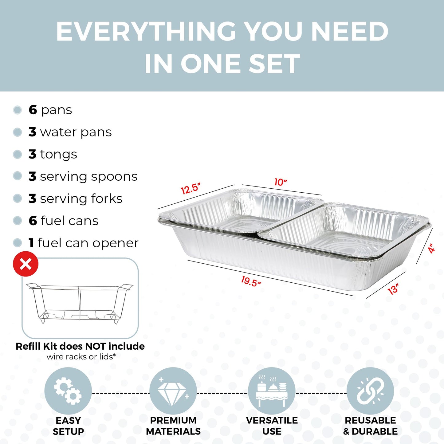 Alpha Living Large Full Size Refill Kit Disposable Chafing Buffet with - Utensils, Fuel Cans Only – Premium Chafing Dish Set for Events, Parties, Catering