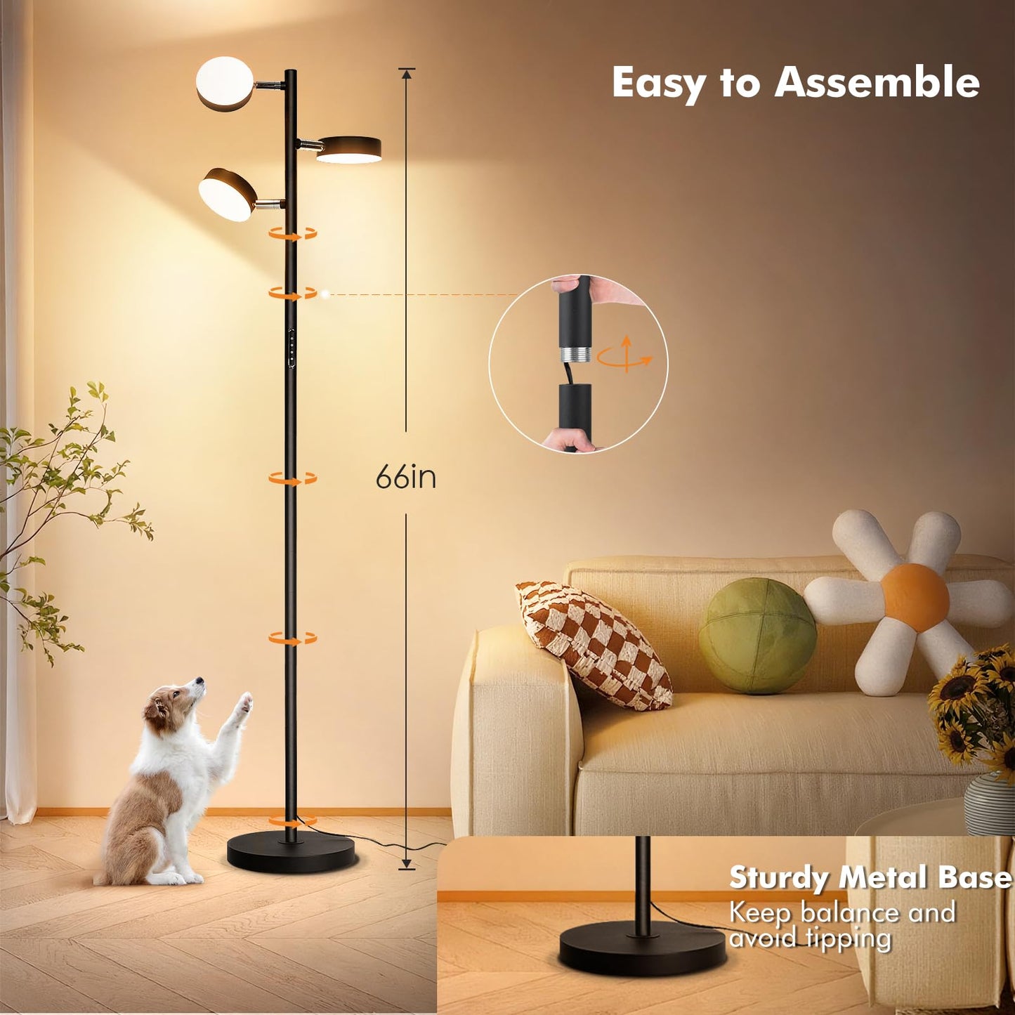 Benaep Tree Floor Lamp for Living Room - Modern Black Standing Lamp, LED Floor Light with Remote & Touch, 3000K-6000K Dimmable for Bedroom Office Reading (3 Head)
