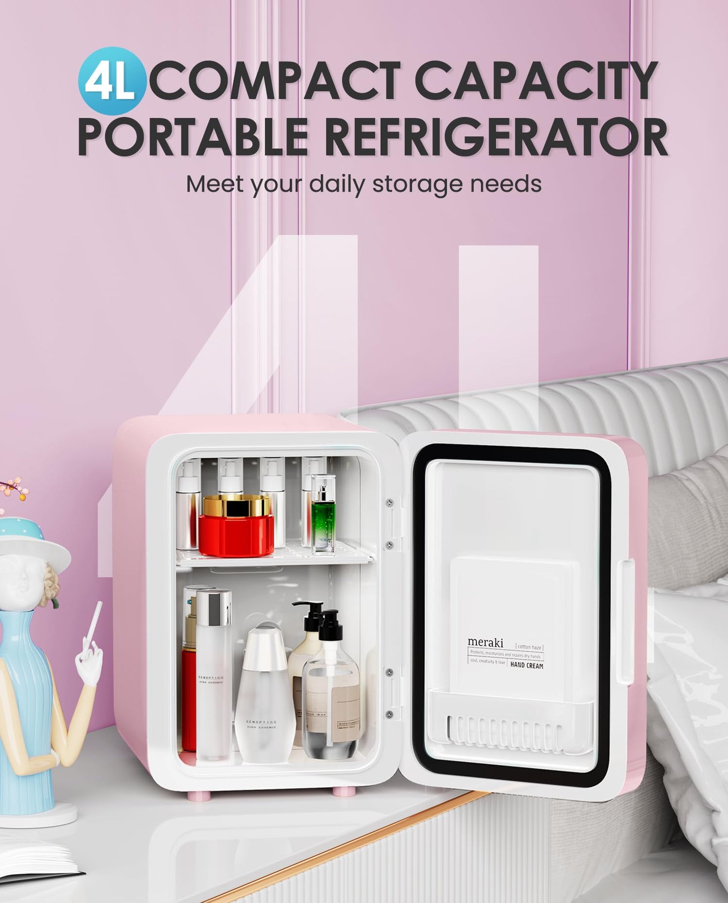 CUTIEWORLD Skincare Fridge with Dimmable LED Light Mirror, 4L Mini Fridge For Desktop, Travel or Cool & Heat, Makeup Fridge for Cosmetics, Skin Care and Food, Pink