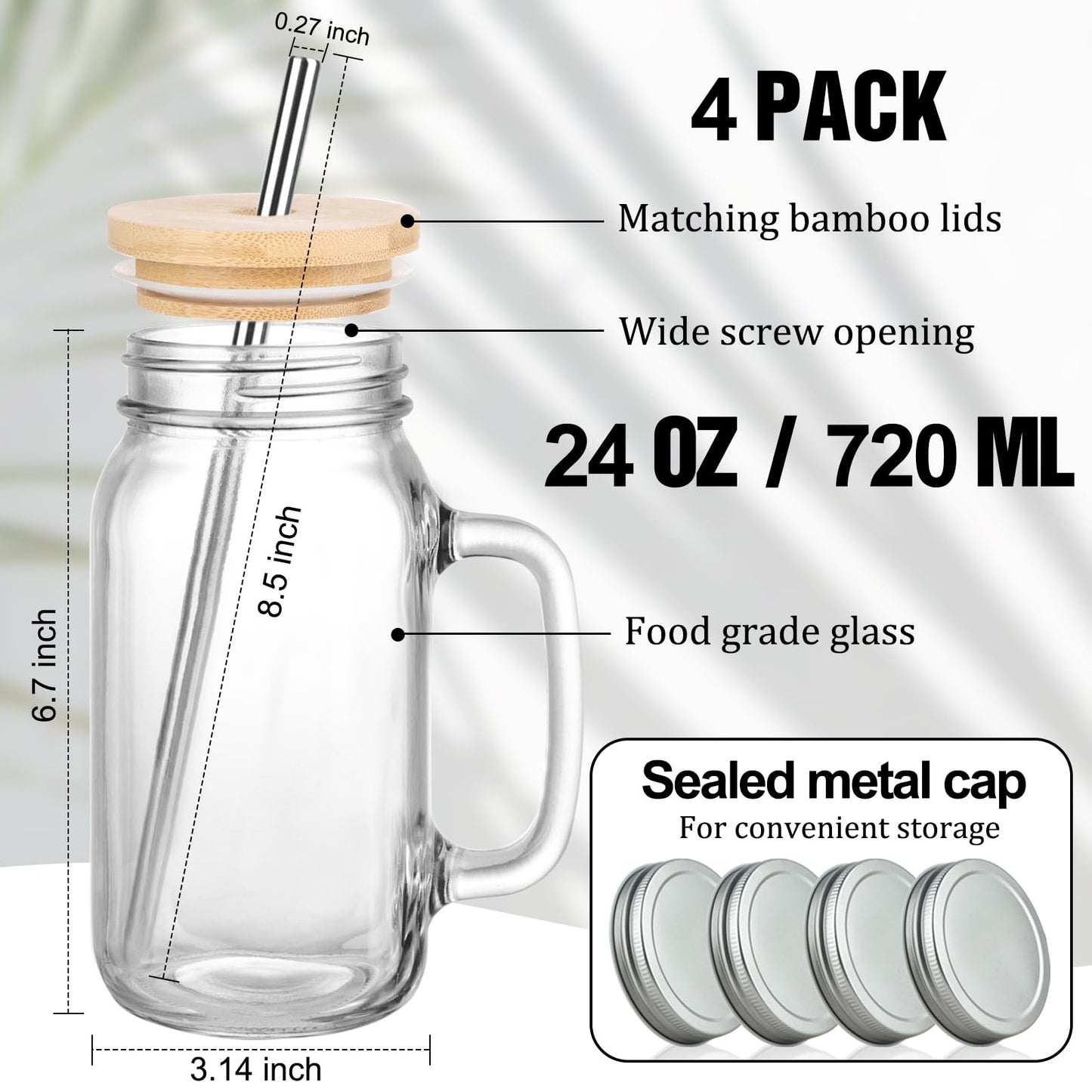 LOSANJI 24 oz Mason Jar Cups with Handles, Wide Mouth Iced Coffee Cup with Bamboo Lids & Straws, Large Glass Bottle Mug Drinking Jars Tumbler for Smoothie Cold Water Juice Party Beverages, Set of 4