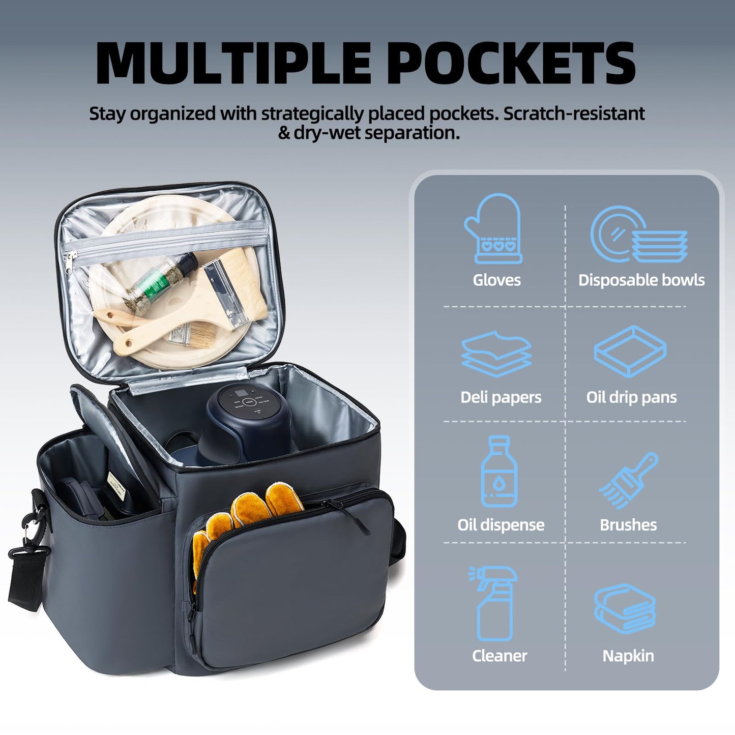 Padded Carrying Case for Ninja Crispi Air Fryer 4QT & 6-Cup Glass Containers, Carry Bag with 5mm Thick Insulation, Multiple Compartments & Pockets for Accessories Storage and Travel, Gray (Bag Only)