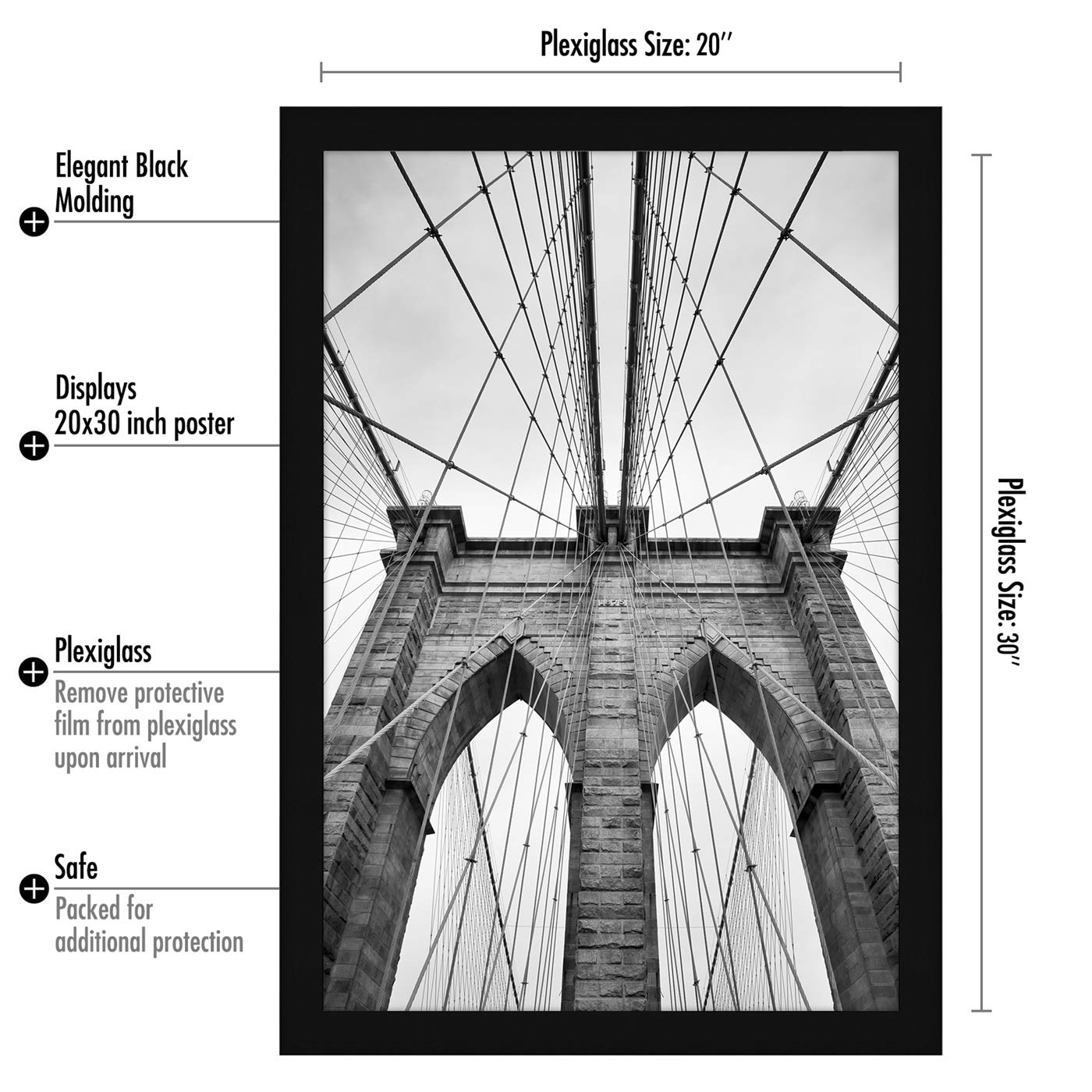 Americanflat 20x30 Poster Frame with Polished Plexiglass - Black Picture Frame - Wide Photo Frames Made of Engineered Wood for Vertical or Horizontal Wall Display - Epic Collection - Black
