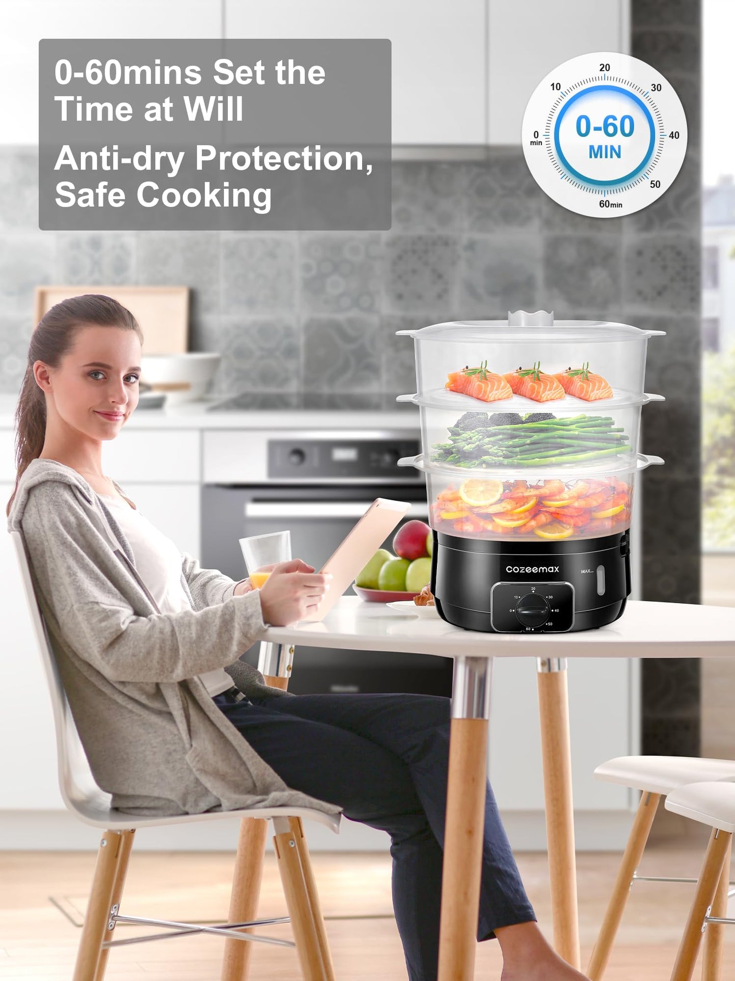 Cozeemax 3 Tier Electric Food Steamer for Cooking, 13.7QT Vegetable Steamer for Fast Simultaneous Cooking, Veggie Steamer, Food Steam Cooker, 60 Minute Timer, BPA Free Baskets, 800W(Black)