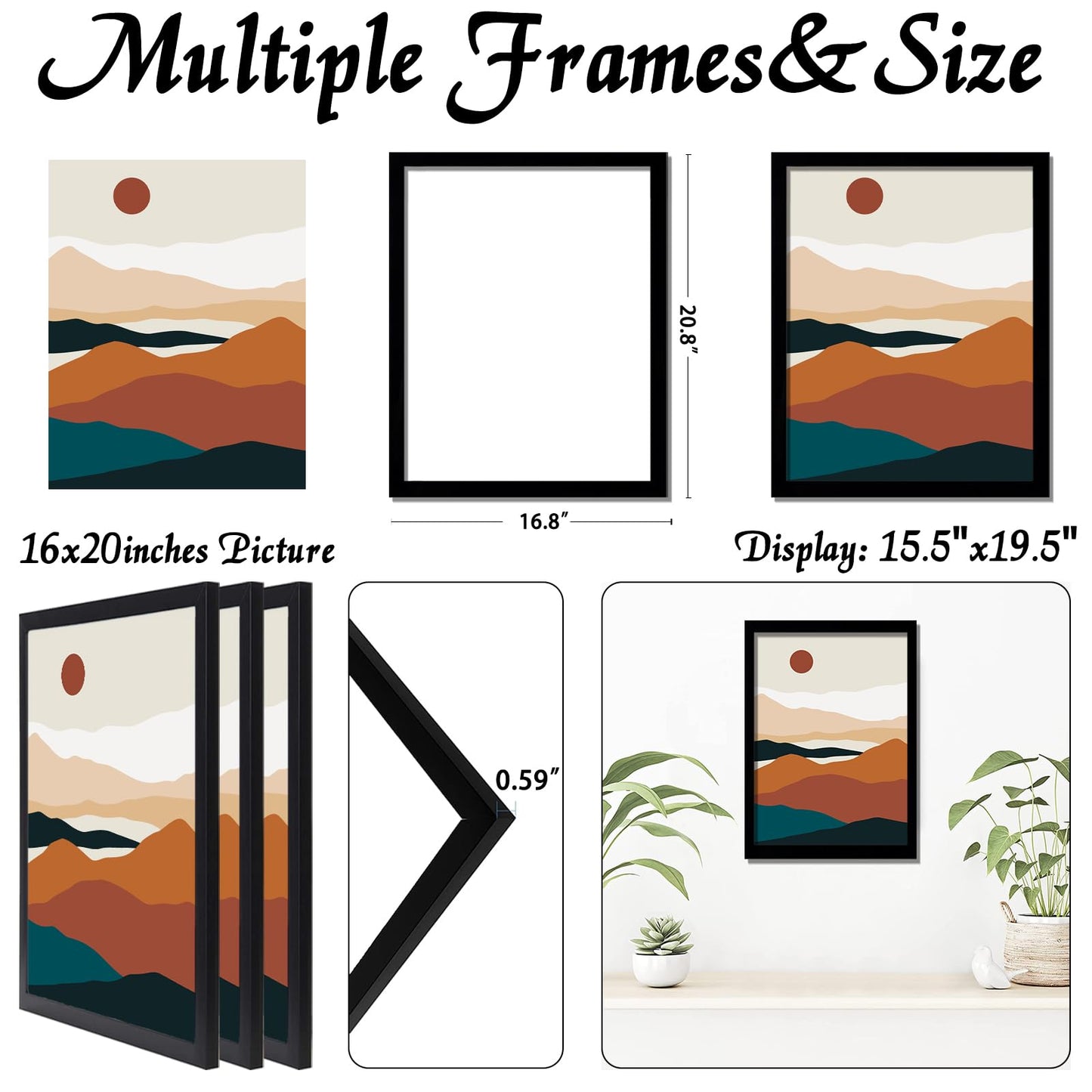 ijuerybai Black 16x20 Picture Frame Set of 3, High Transparent Frame for 16 By 20 Photo Collage Canvas Poster Size Wall Mount and Tabletop Horizontally Vertically (Black, 16 x 20 inches)