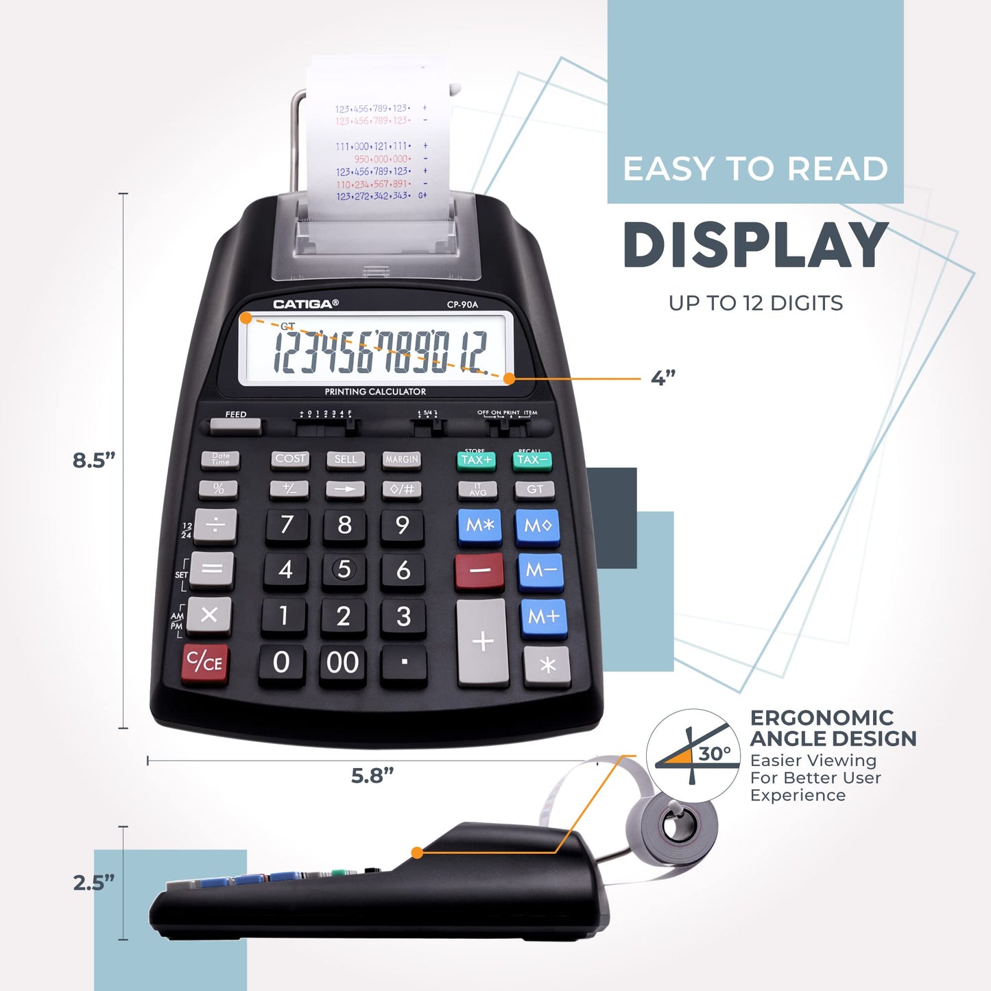 CATIGA Printing Calculator with Tape Print Out - 10 Key Adding Machine with Paper Roll, Desktop Electric Calculator for Accounting, Business, Finance, Home Office Use CP90A