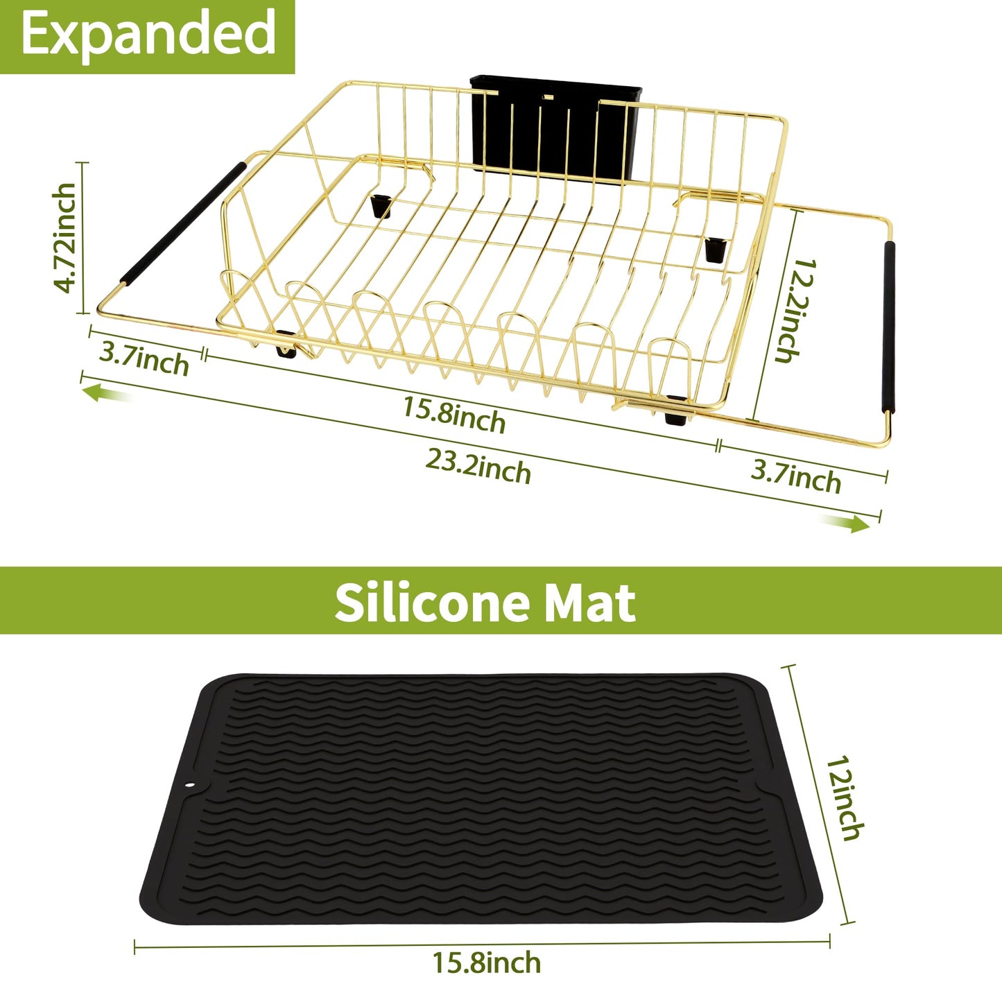 HAYAWEY Golden Expandable Dish Drying Rack with Silicone Drying Mat-Extra Large Stainless Steel Dish Drainer Over The Sink with Utensil Holder, Applicable for Sink Width 16'-22' (Gold,23.2'*12.2')