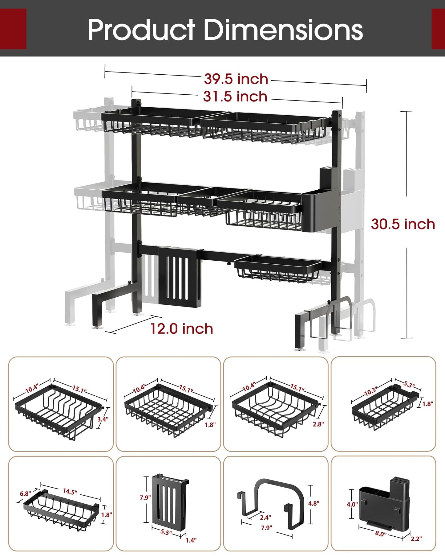 Sakugi Over The Sink Dish Drying Rack - Adjustable 3 Tier XX-Large Capacity Stainless Steel Drainer with Cutlery & Utensil Holders, Kitchen Storage & Organization, 31.5"-39.5"L x 12"W x 30.5"H, Black