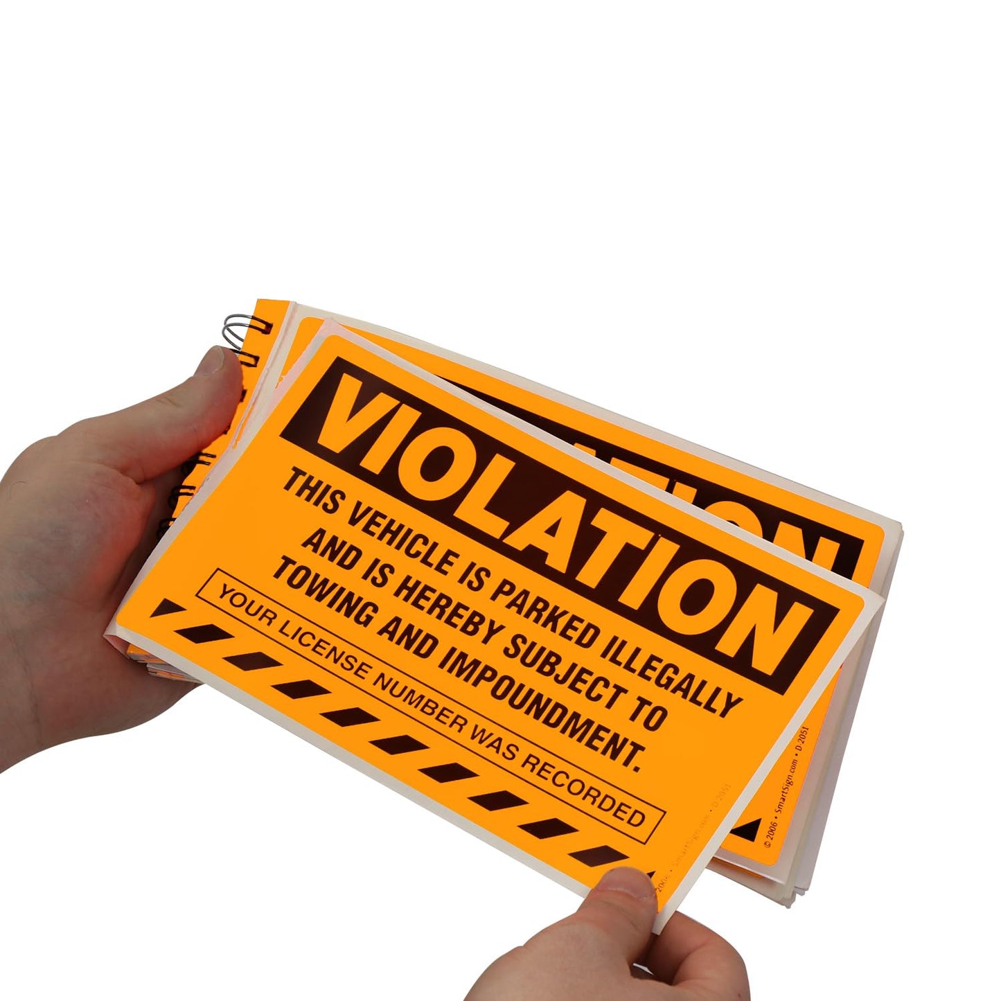 SmartSign Parking Violation Stickers, Book of 50 Stickers, 5" x 8", Vehicle Illegally Parked Subject to Impoundment Sticker, Hard to Remove Write-On Tickets, Fluorescent Orange