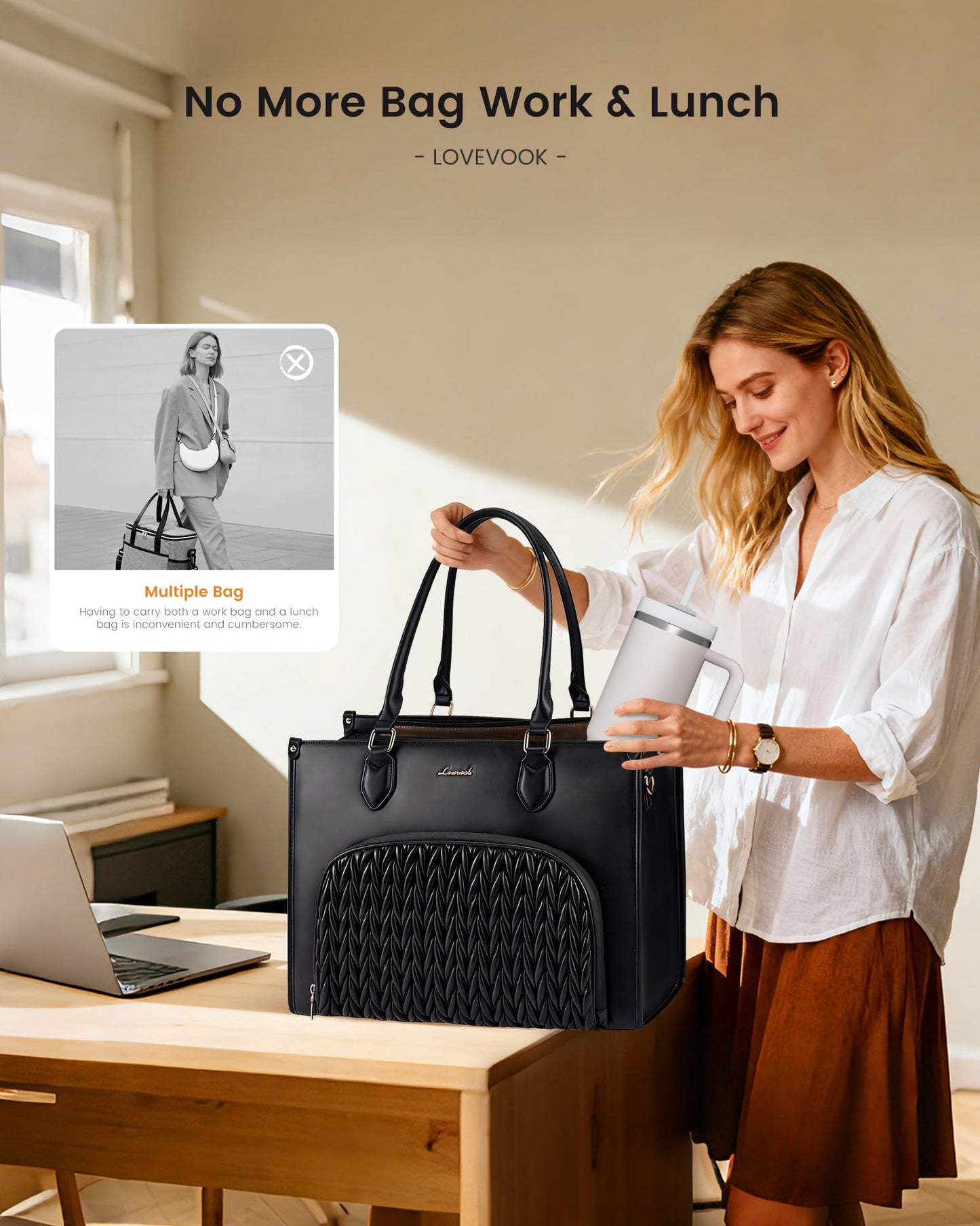 LOVEVOOK Lunch Tote Bag for Women, 3 in 1 Work Bag with Insulated Lunch Compartment, 15.6 Inch Laptop Tote Bag for Teacher, Nurse, Business, Office