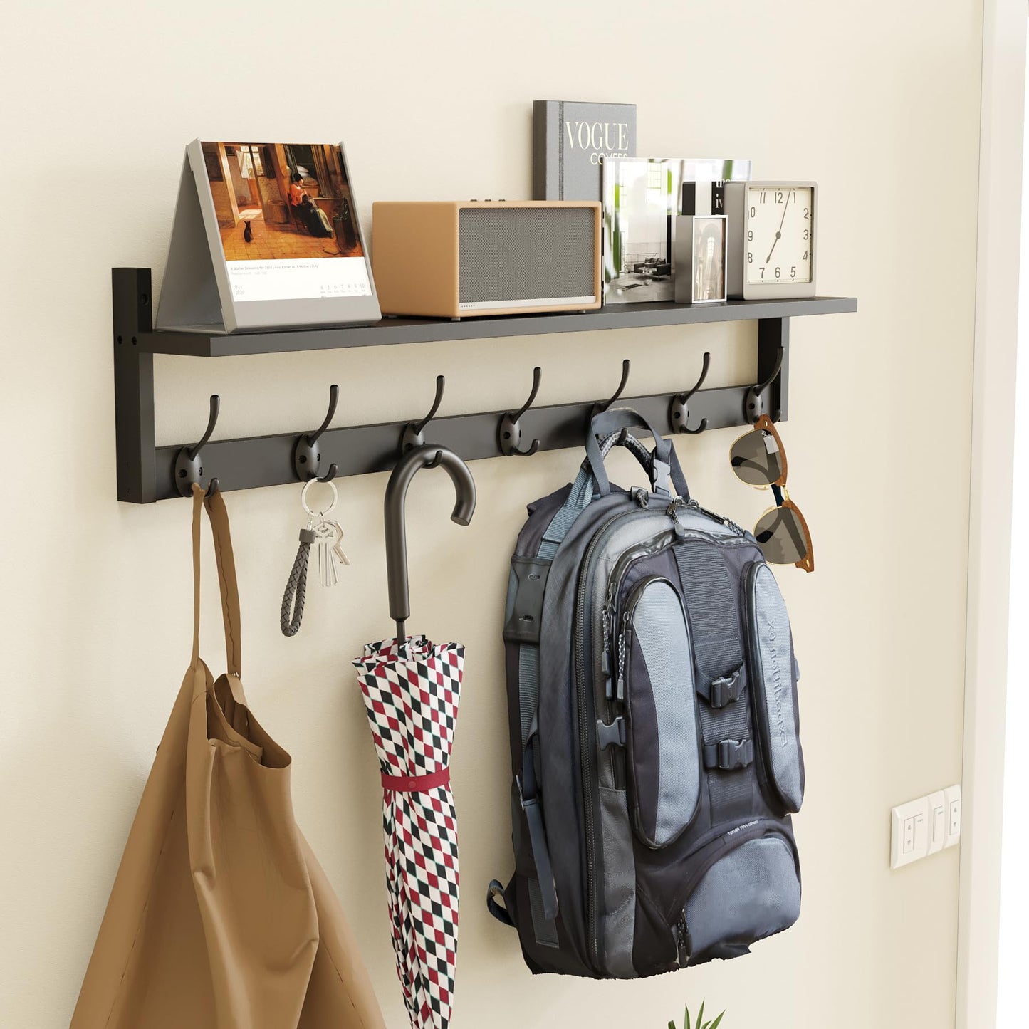 BAMEOS Wall Hooks with Shelf 35 Inch Length Entryway Hanging Shelf Wood Coat Hooks Wall-Mounted Coat Hook Rack with 7 Dual Hooks for Bathroom, Living Room, Bedroom (Black)