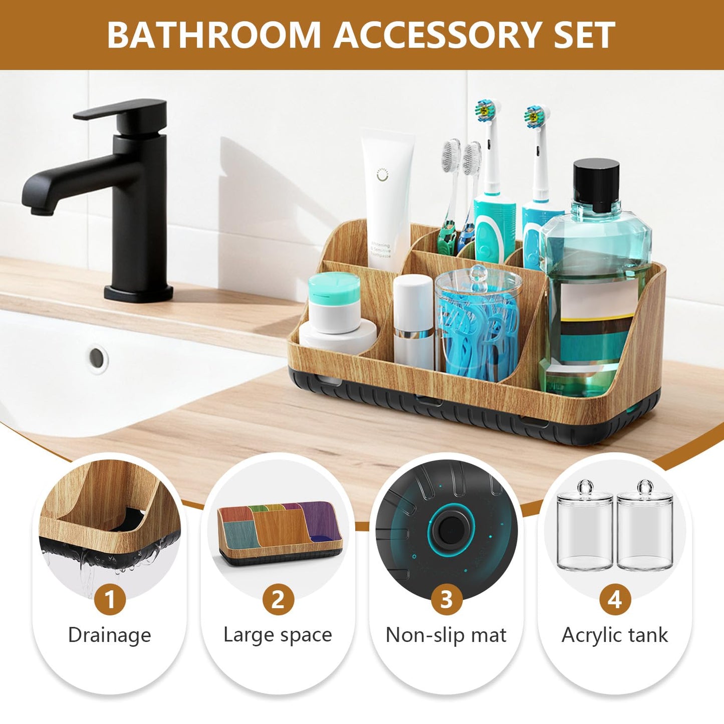 GFWARE Bathroom Toothbrush Holder Set with 2 Pack Qtip Holder Dispenser - 7 Slots Kids Bathroom Accessory Sets with Drainage, Q Tip Holder for Bathroom Sink Counter Accessories Set