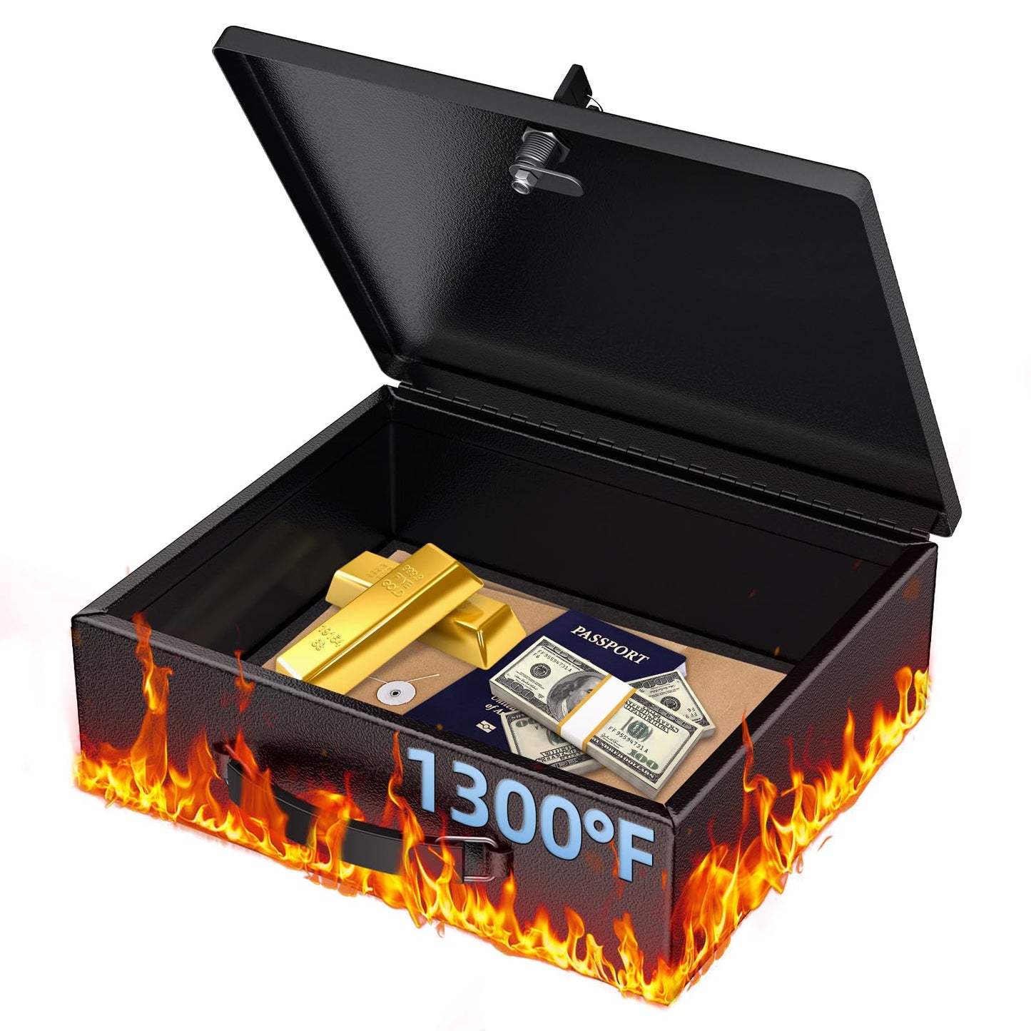Uniclife Fireproof Document Box with Key Lock & Handle, 13" x 10.9" x 4.1", Large Metal Lock Box for A4 Paper, Water-Resistant Safe Box for Valuables, Passports & Cash, Portable Security Metal Chest