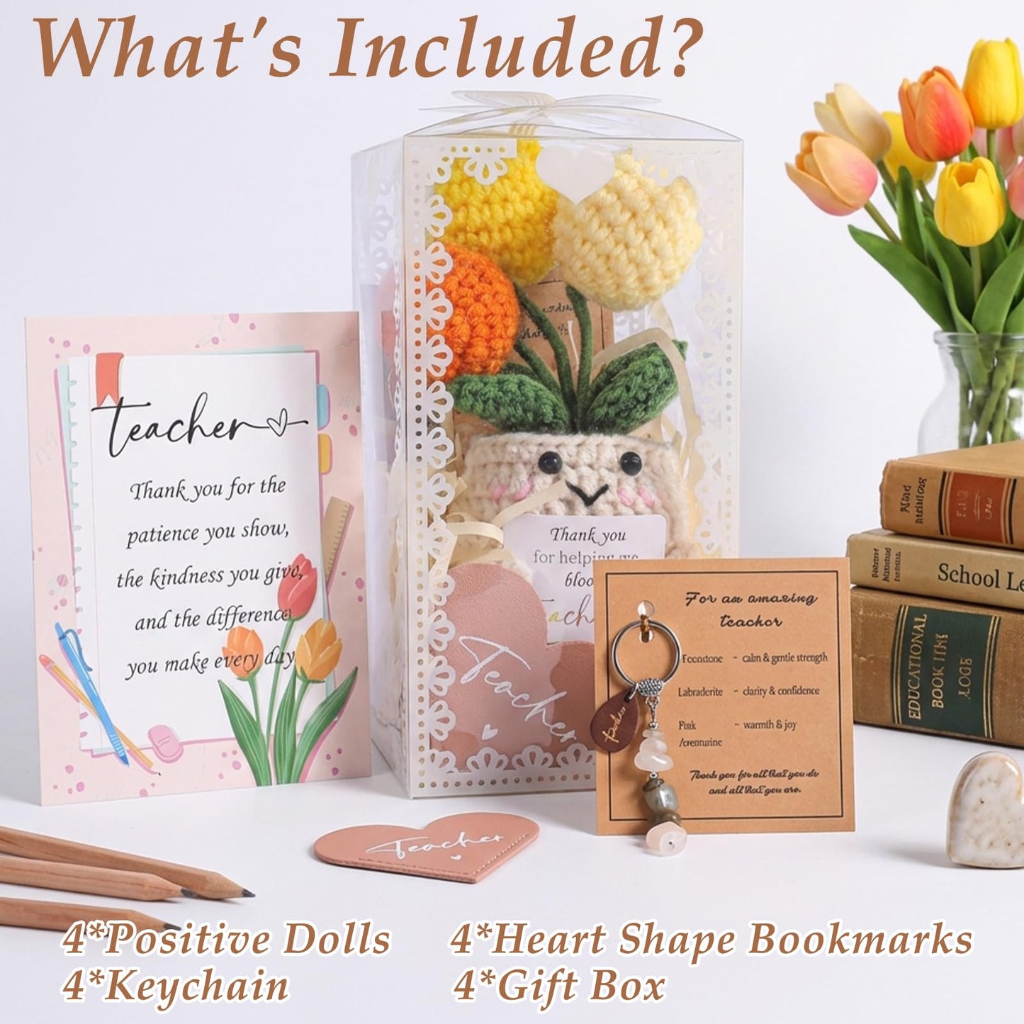 pengtai Teacher Appreciation Gifts for Women Set of 4,Teacher Appreciation Gifts in bulk,End of Year Teacher Gifts with Positive Dolls Crystal Keychains Heart Bookmarks