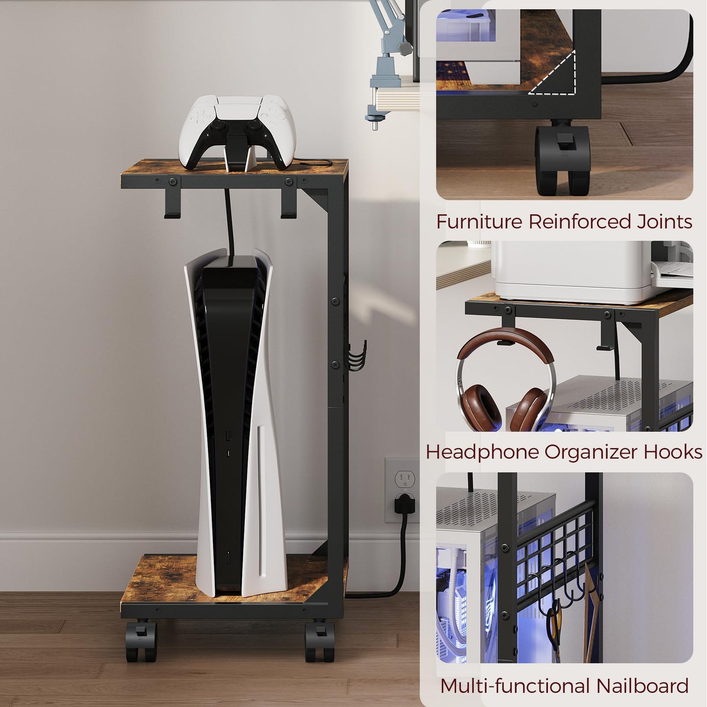 ZIIWIND PC Stand, Computer Tower Stand with Charging Station, 16.9"W x 11.4"D x 27.6"H, Computer Cart with Wheels and Hooks, CPU Holder for Carpet, Floor and Under Desk, Easy Assembly, Rustic Brown
