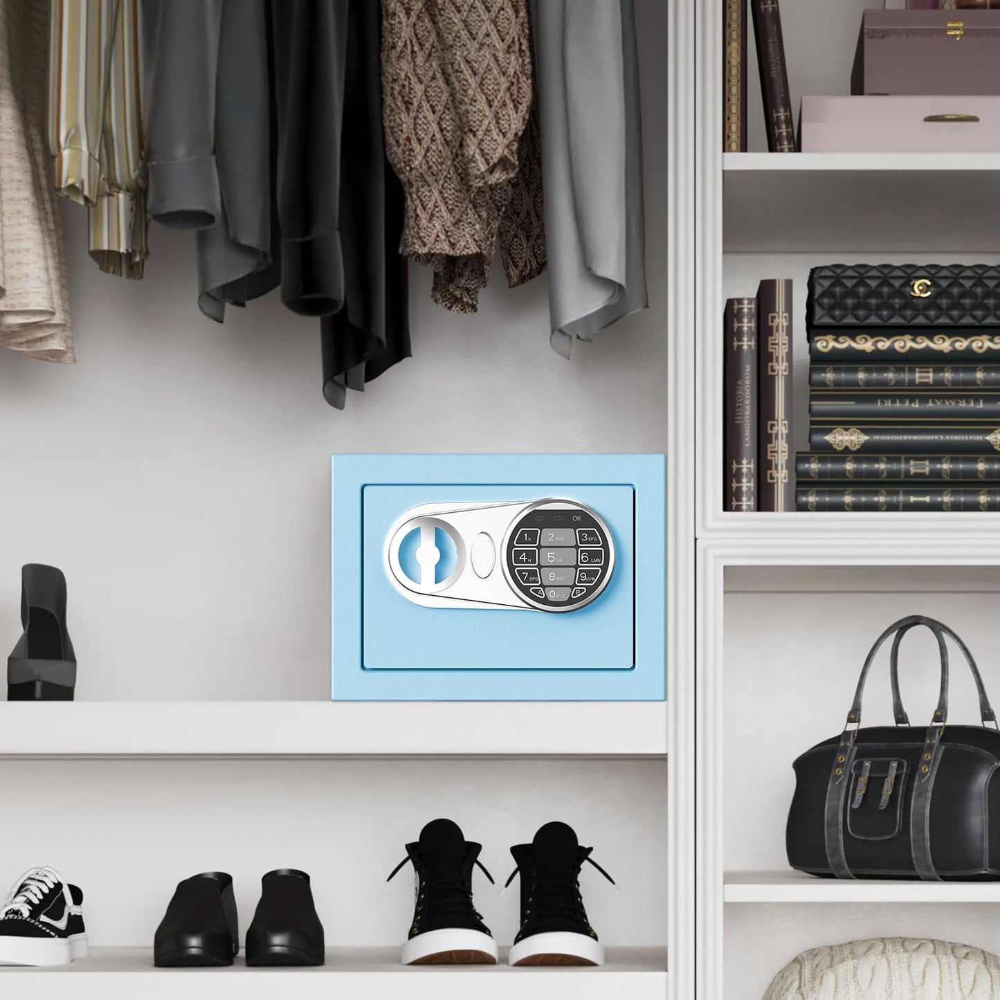 Goldenkey Small Kids Safe for Money, Digital Mini Safes with Keys&Code for Cash, Safe Box for Personal Items for Home, 6.69"D x 9.05"W x 6.69"H, Blue