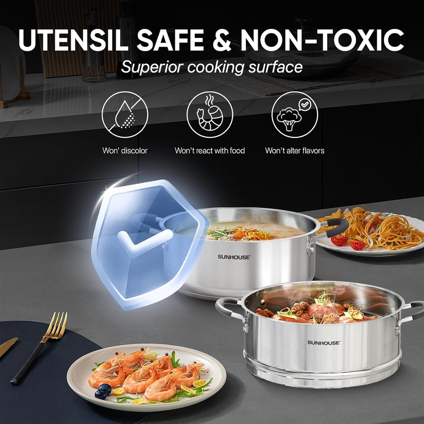 SUNHOUSE Stainless Steel Steamer Pot for Cooking - 5 QT Steaming Pot with Glass Lid & Steamer Basket - 2 Tier Tri-ply Vegetable Steamer with Stay-Cool Silicone Handles - Induction Compatible