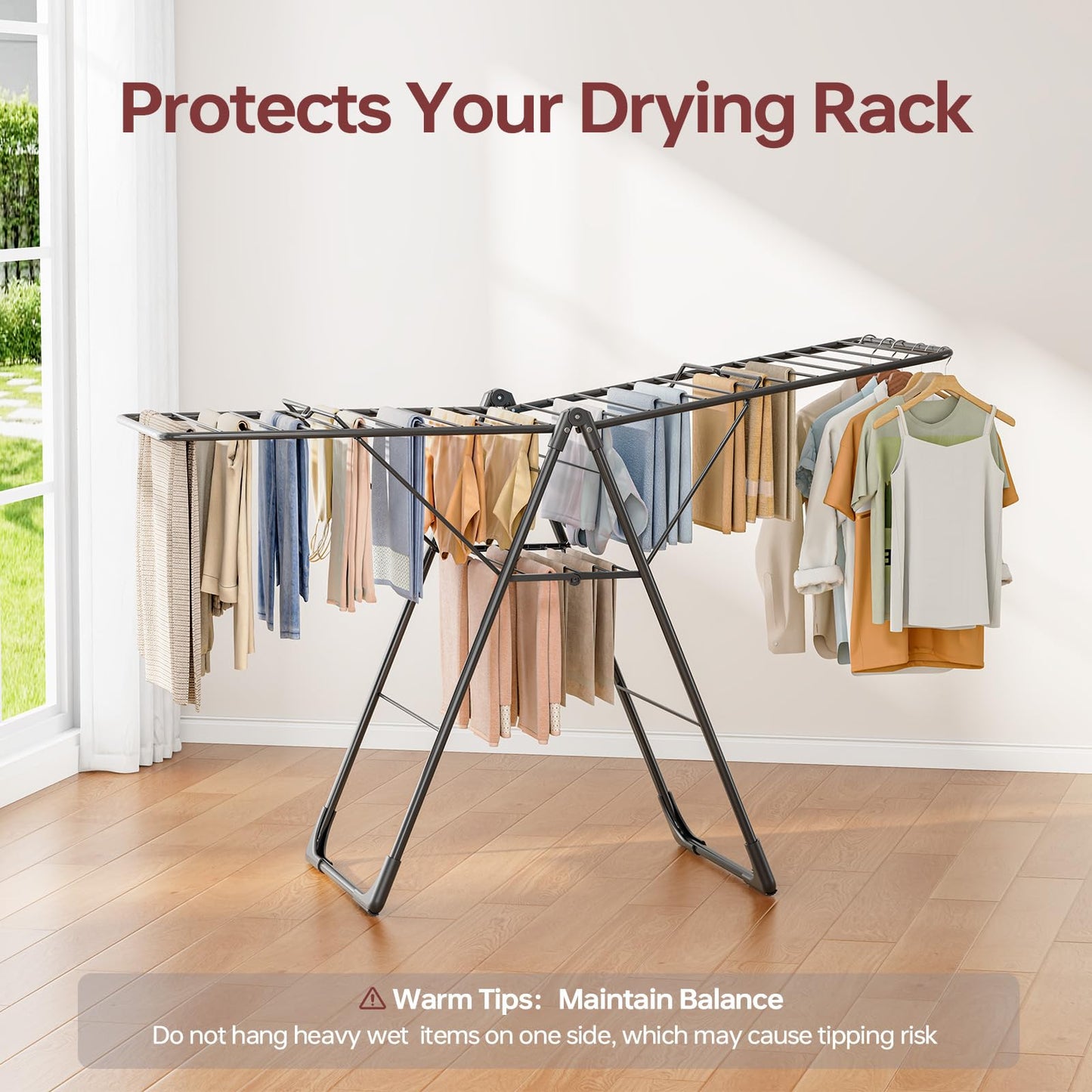 APEXCHASER Clothes Drying Rack, Foldable Oversized Drying Rack Clothing with L-Shaped Foot Cover, Height-Adjustable, Multi-Bar Laundry Rack, Indoor Outdoor Use, 20.4" D x 70" W x 42.52" H, Jet Black