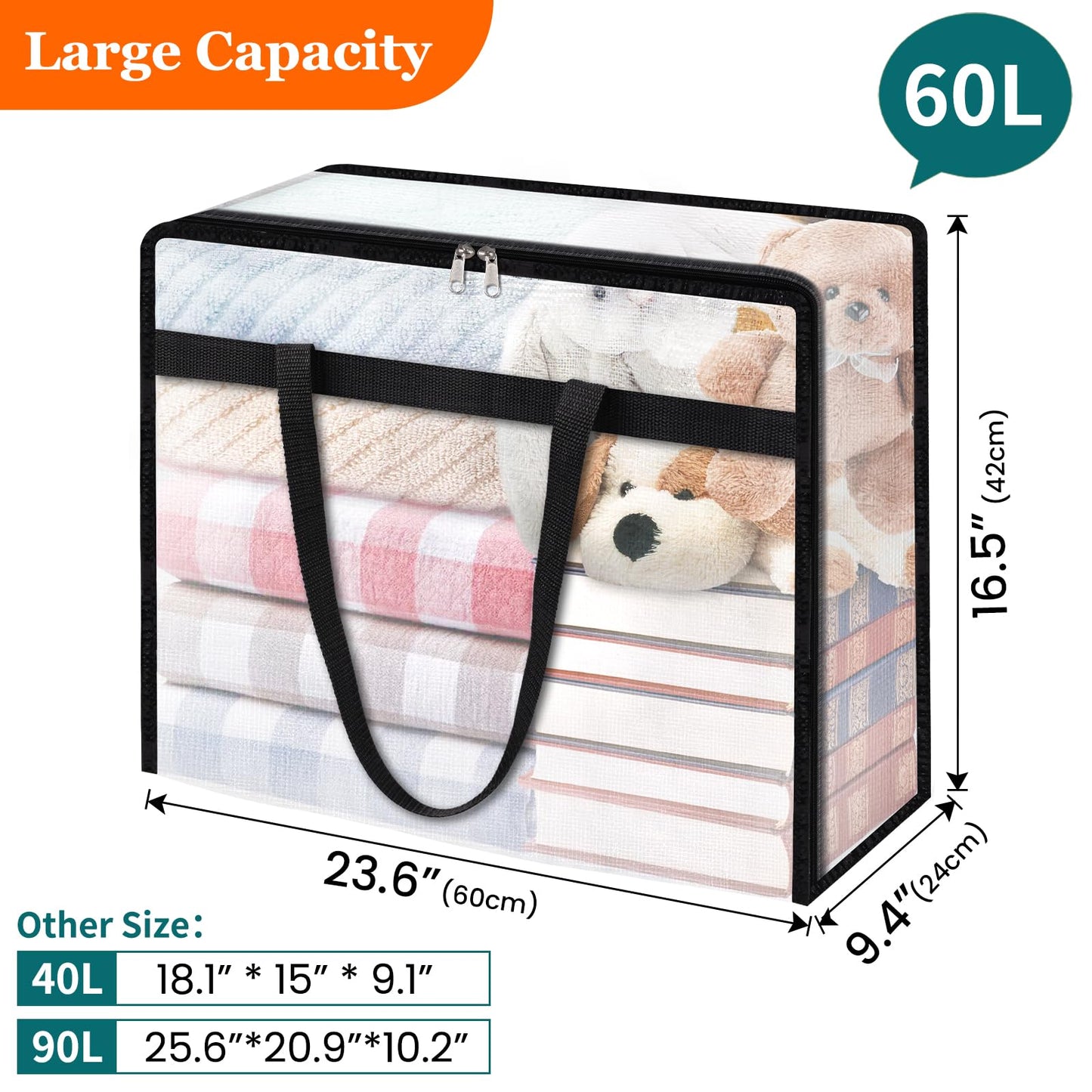 TasticTotes 6 Pack Clear Storage Bags for Comforter, Clothes & Bedding, Plastic Blanket Storage with Zipper and Handle, Moving Bags, Closet Organizer and Under-Bed Storage (60L)