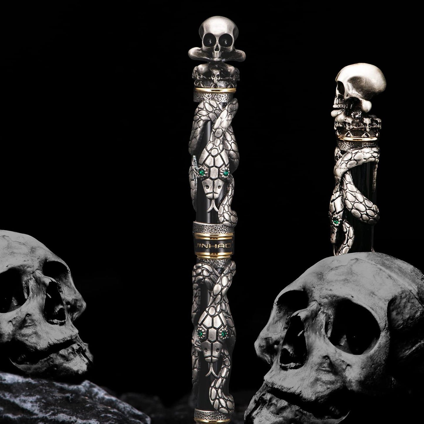 Jinhao Black Snake Fountain Pen Medium Nib Retro Style with Skull Head Solid Metal and Paper Pen Case Set