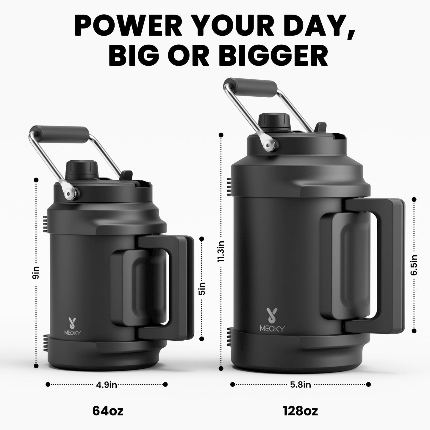 64 oz Insulated Water Bottle for Gym: Meoky Triple Wall Vacuum Stainless Steel Half Gallon Water Jug - Top and Side Handles, 2-in-1 Straw and Spout Lid, Cold for 36 Hrs, Leak Proof for Camping (Night)
