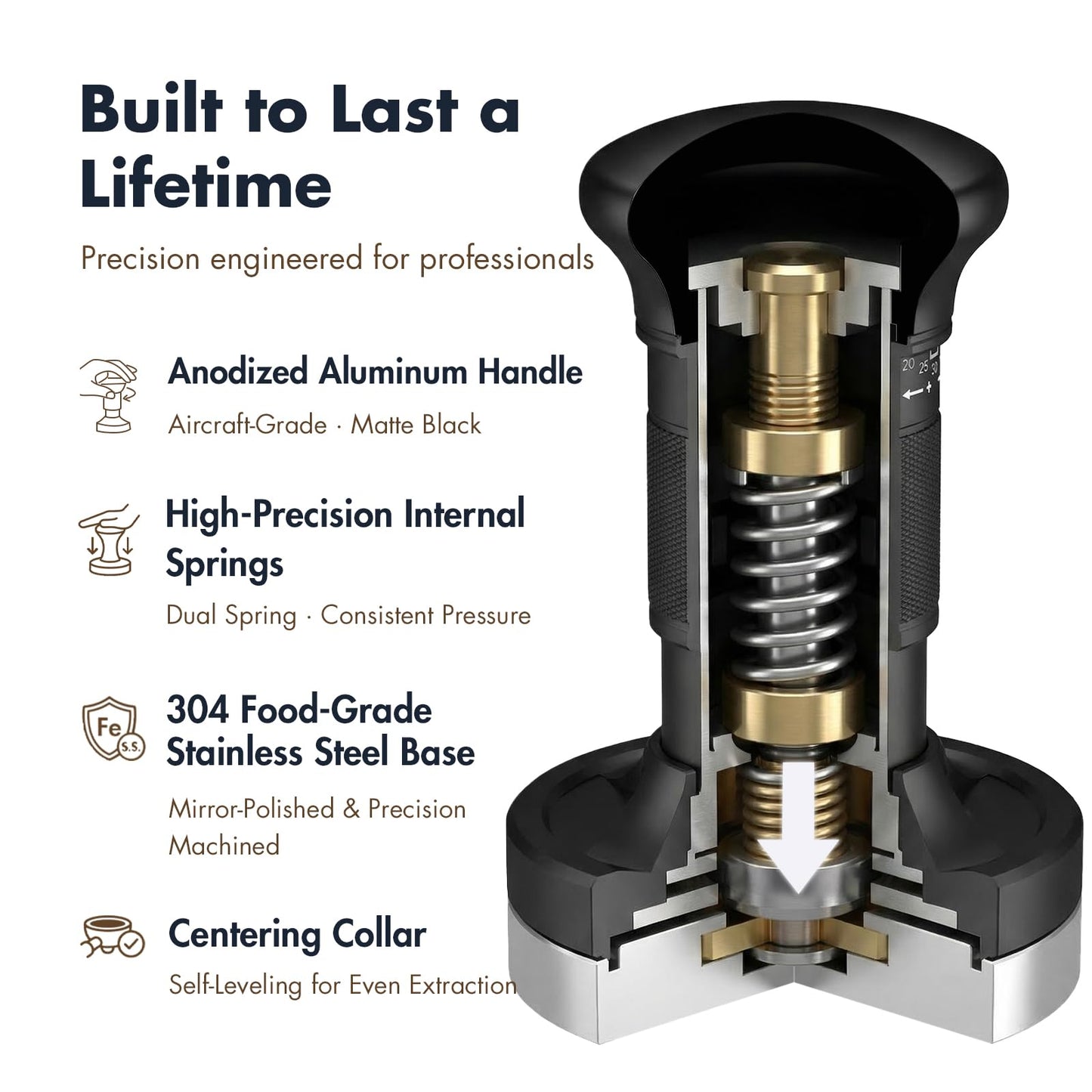 VEYLO 54mm Espresso Tamper (53.3mm Base), Adjustable 20-30 lb Coffee Tamper with Audible Click Feedback, 24-Click Precision Dial, 20/25/30 lb Marks, No Spring Swap, Stainless Steel Flat Base, Black