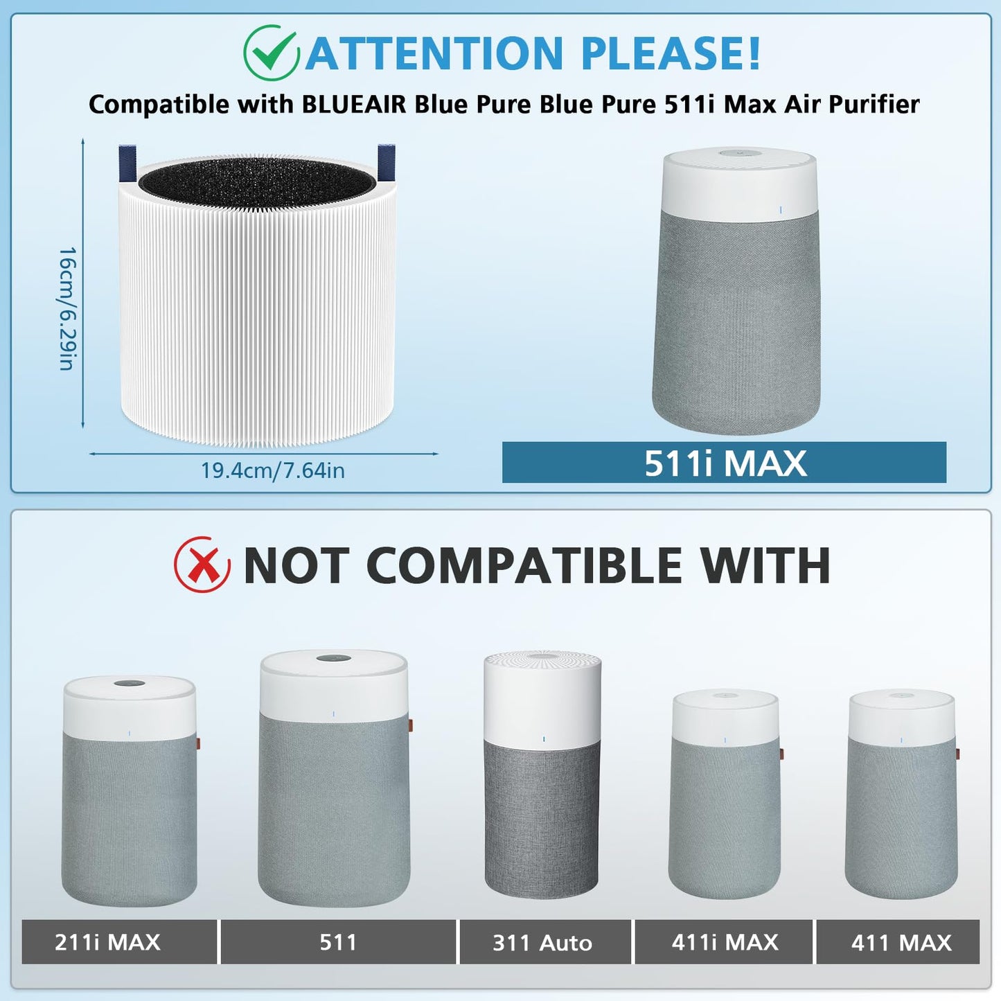 2-pack 511i MAX Replacement Filter Compatible with BLUEAIR HEPASilent Air Cleaner, Blue Pure F5MAX, Model Blue Pure 511i Max (NOT for 511）