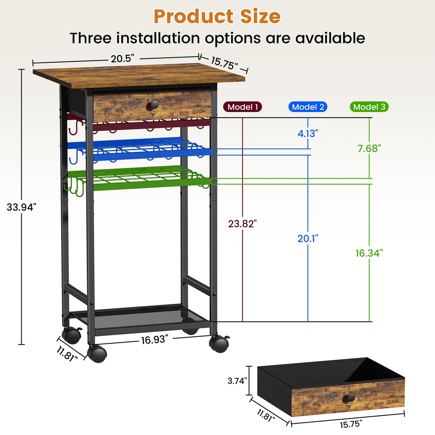 Draelibor Microwave Cart, 4-Tier Microwave Stand with Adjustable Shelf, Kitchen Storage Cart on Wheels, Coffee Bar Cart Shelf for Living Room, Kitchen Island, Office, Balcony, Rustic Brown