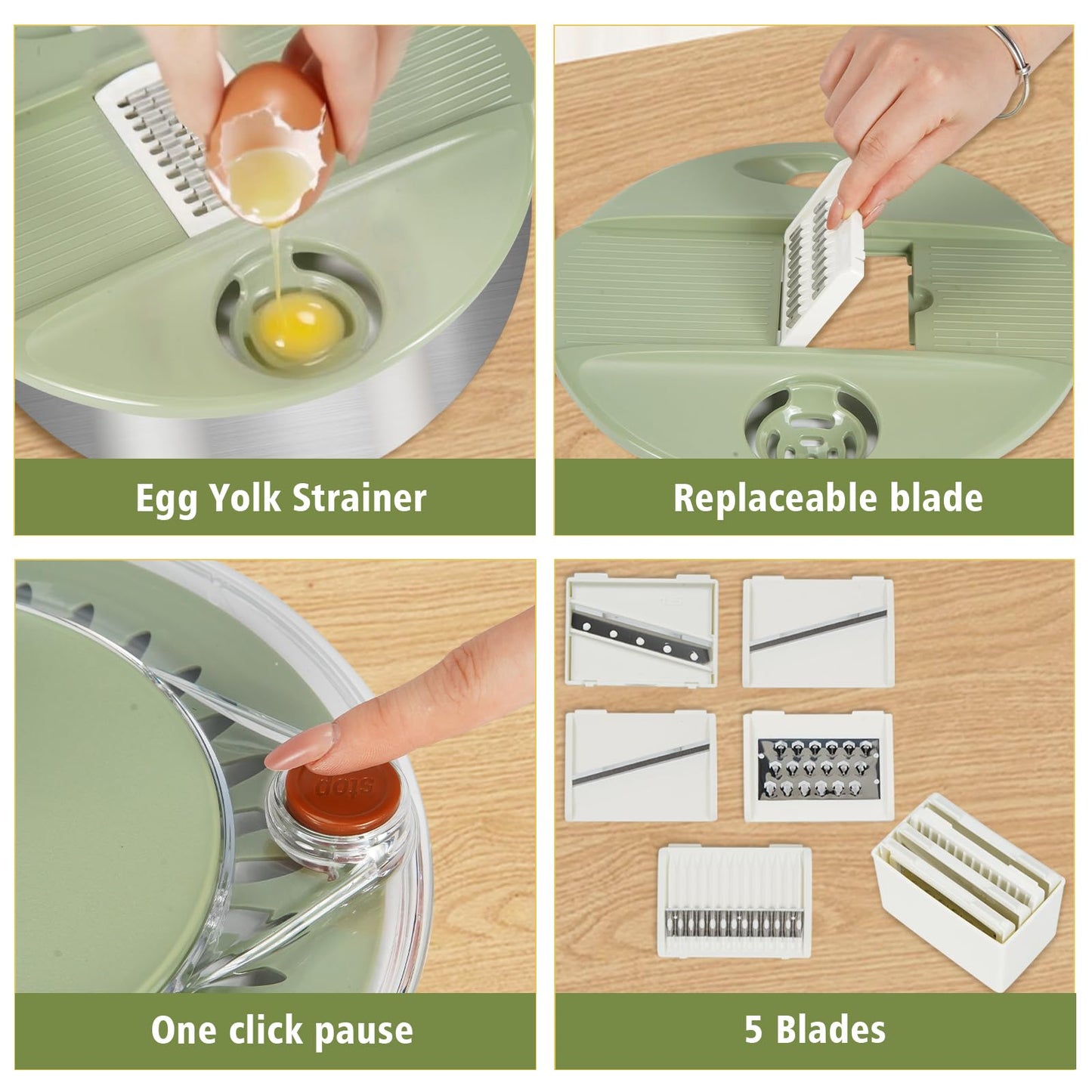 SODPE Stainless Steel Salad Spinner Large with 5 Blades Slicer, Lettuce Washer Spinner and Dryer, Vegetable Fruits Chopper Bowl, Egg Yolk Strainer Comes with Dipping Saucers and Clip, 5.3Qt