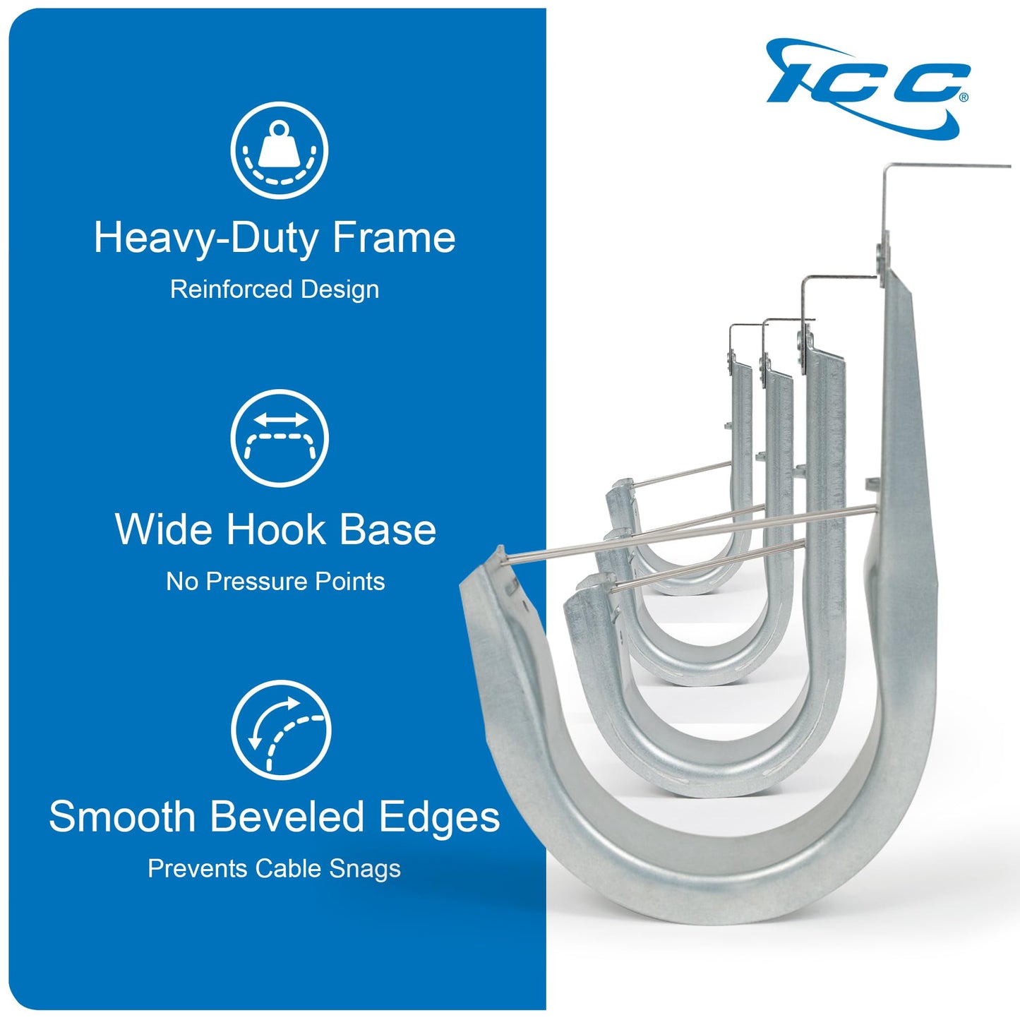 ICC Ceiling Mount J Hook 2” with Retainer Clip - Galvanized Steel Cable Management Hooks for Hanging Cable - Rust-Resistant, EIA and TIA Compliant - 2 Inch 25-Pack