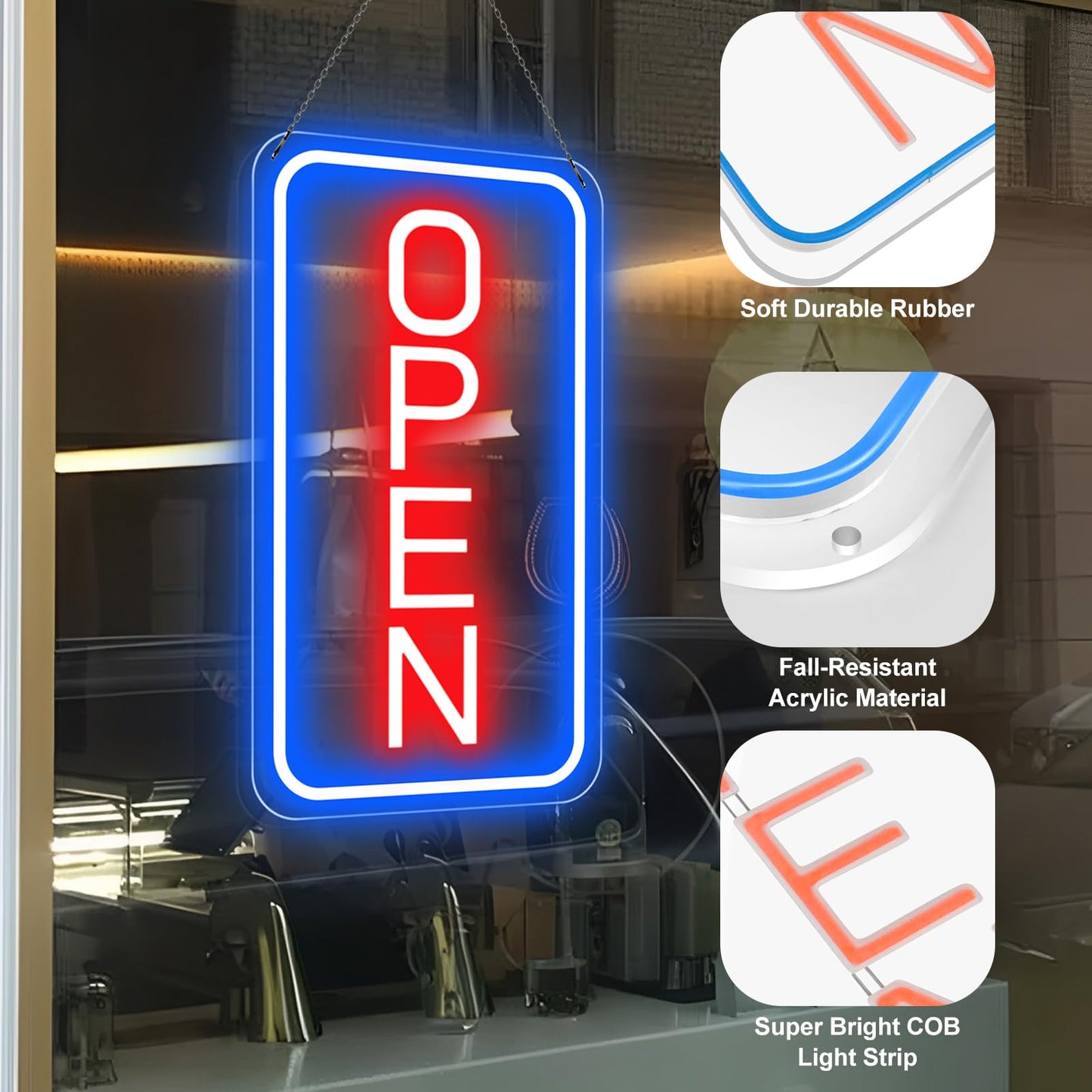 Ultra Bright LED Open Signs for Business, 16’’x 9’’ Neon Open Sign, Vertical Light up Sign with ON/OFF Switch adapter for Window Bars Cafes Hotels Florists Clubs Restaurants Barbershops Supermarkets