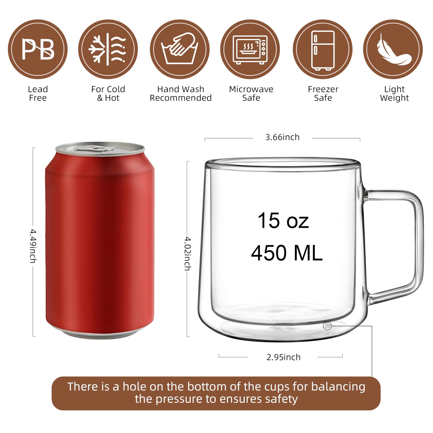 CNGLASS 15oz(4-pack) Double Walled Glass Coffee Mugs,Large Insulated Glass Mugs with Handle,Clear Coffee Cups for Espresso,Latte,Cappuccino,Tea