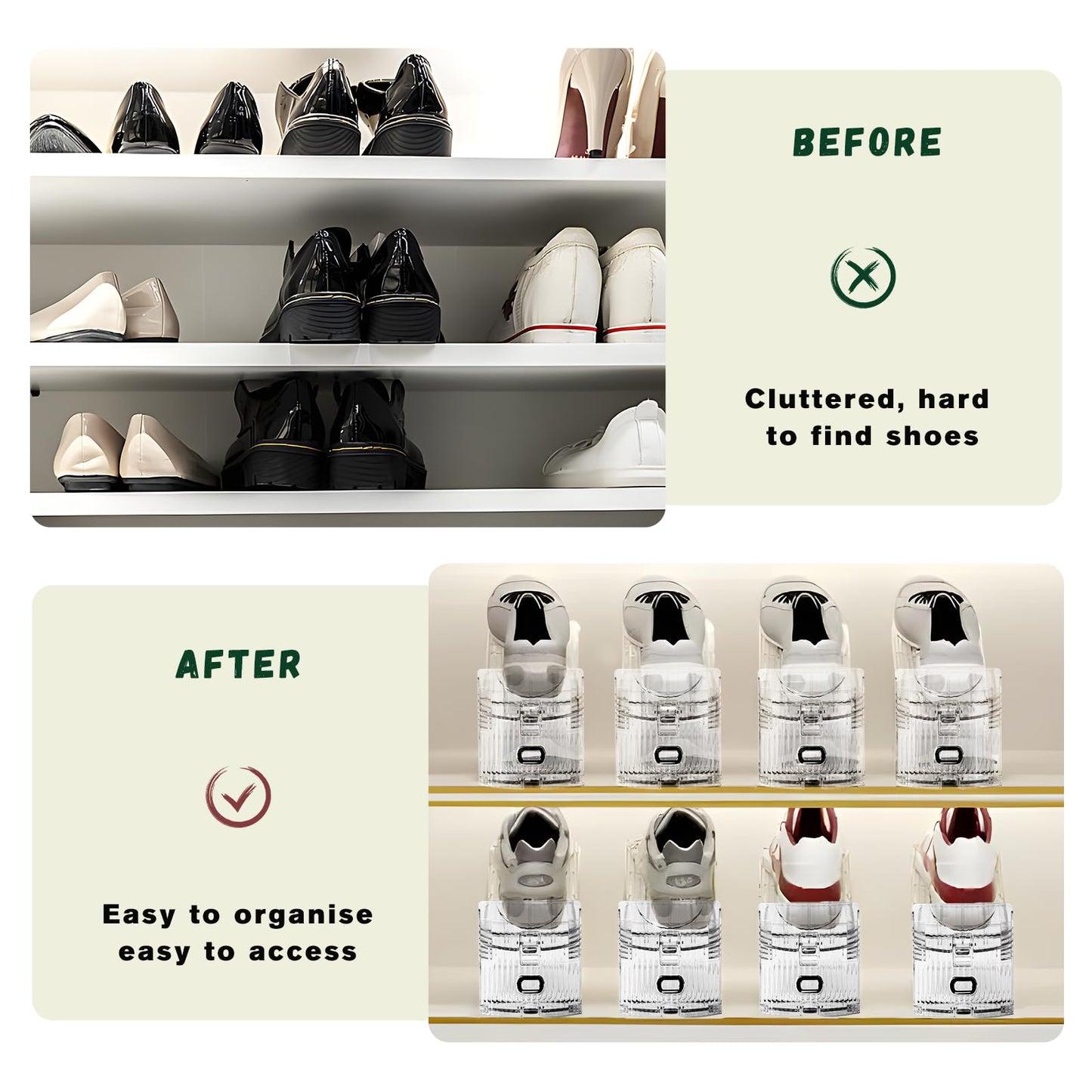 FENRUNXU Transparent Shoe Slots Organizer for Closet, 20 Pack Shoe Stacker Organizer for Closet Shoe Display Space Saver,Adjustable Shoe Rack Organizer Holder for High Heels,Sneakers(Transparent)