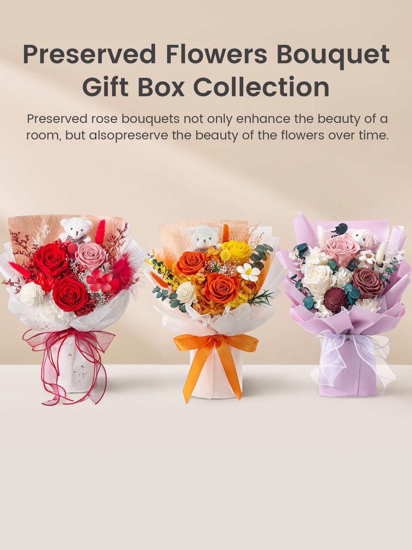 Polylove Forever Flower Bouquet Flowers for Delivery Prime Preserved Roses with Bear Gift Box for Wife Women Mother Day Anniversary Birthday (Red)