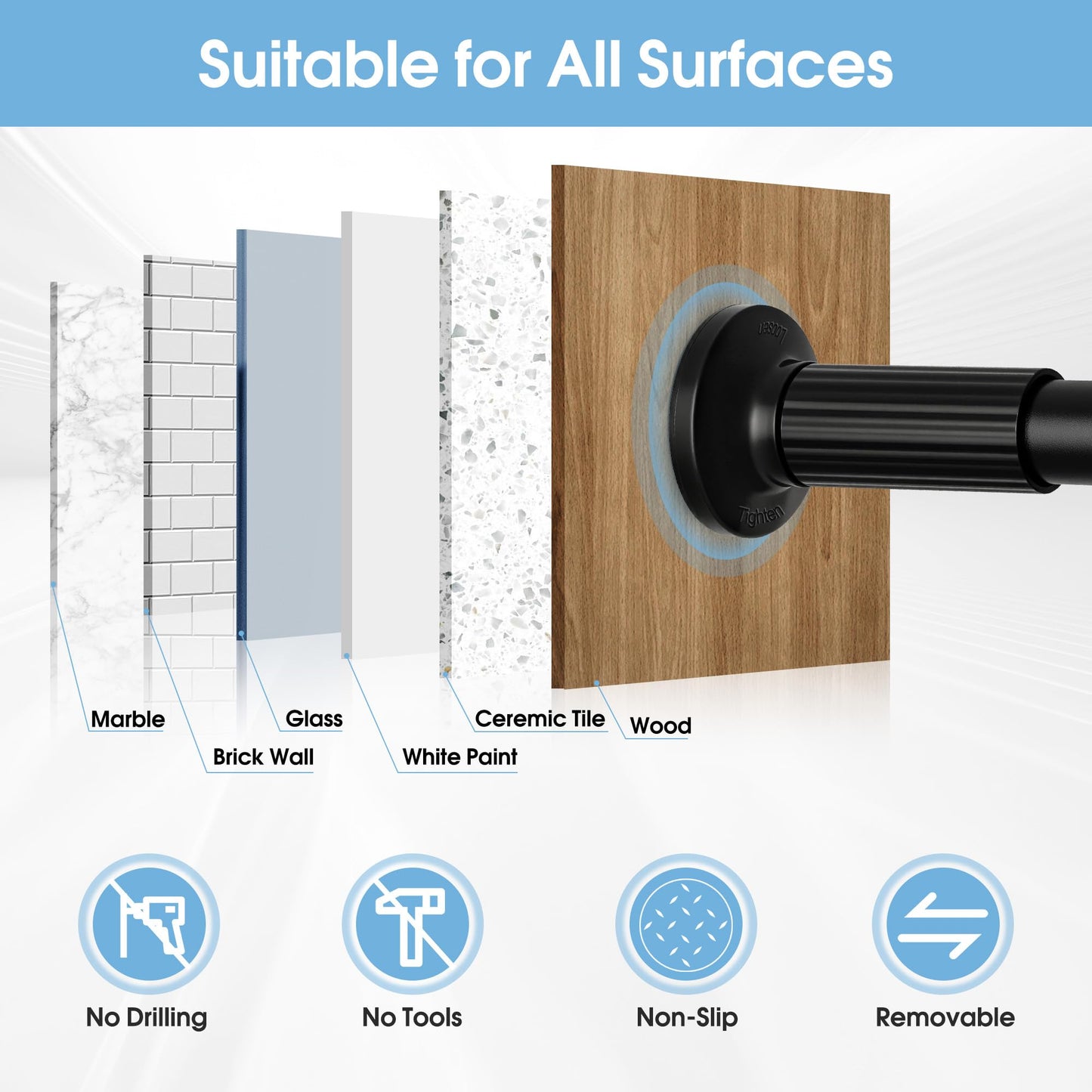 Tension Curtain Rod No Drilling 51–168In (14Ft), Outdoor Curtain Rods for Patio Windows, Extra Long Adjustable Curtain Rod,Shower Curtain Rod for Bathroom,Heavy Duty Tension Rod Renter Friendly, Black