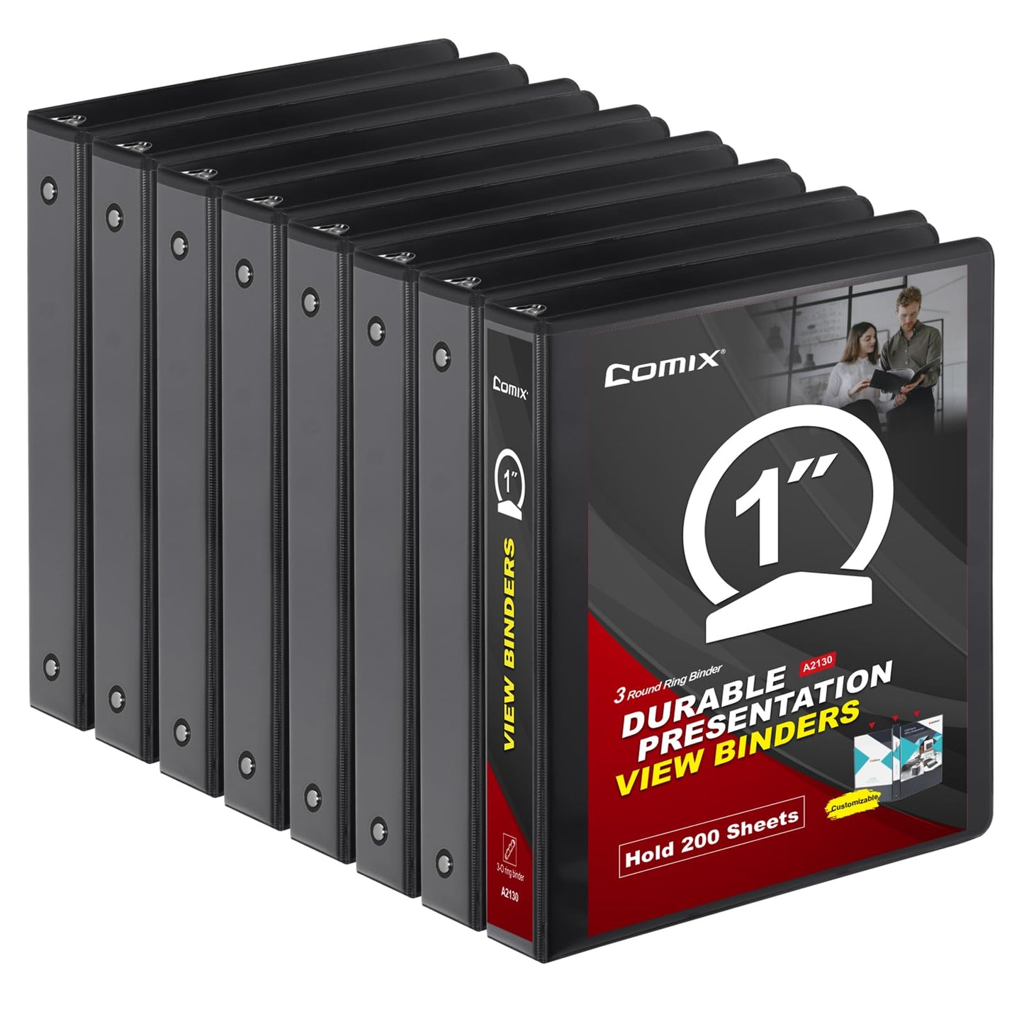 COMIX Sturdy 3 Ring Binder 1 inch with Clear View Cover, 1" Round Ring View Binder, PVC-Free, 2.4mm-Thick, 200 Sheets Capacity of US Letter Size Paper, Office ＆ School Supplies, 8 Pack (Black)