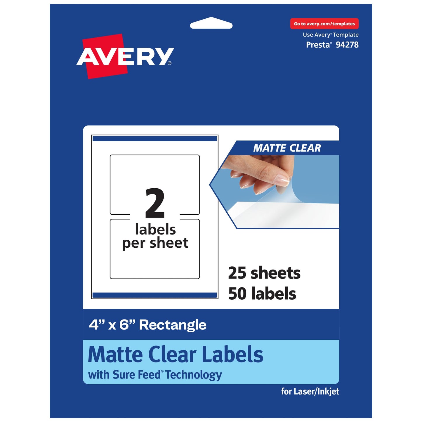 Avery Matte Clear Rectangle Labels, Sure Feed Technology, 4" x 6", 50 Matte Clear Labels, Print-to-The-Edge, Laser/Inkjet Printable
