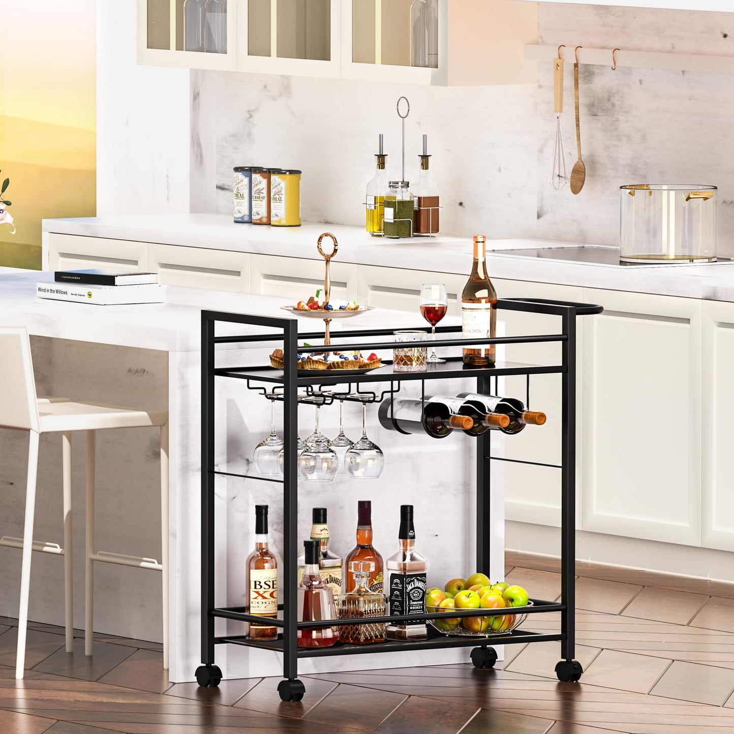 Joaxswe Bar Cart,Home Bar Serving Cart with Storage Shelves, 2 Tier Rolling Beverage Cart with Wheels, Modern Wine Cart with Wine Rack and Glass Holder for Kitchen, Living Room,Dinning Room,Black