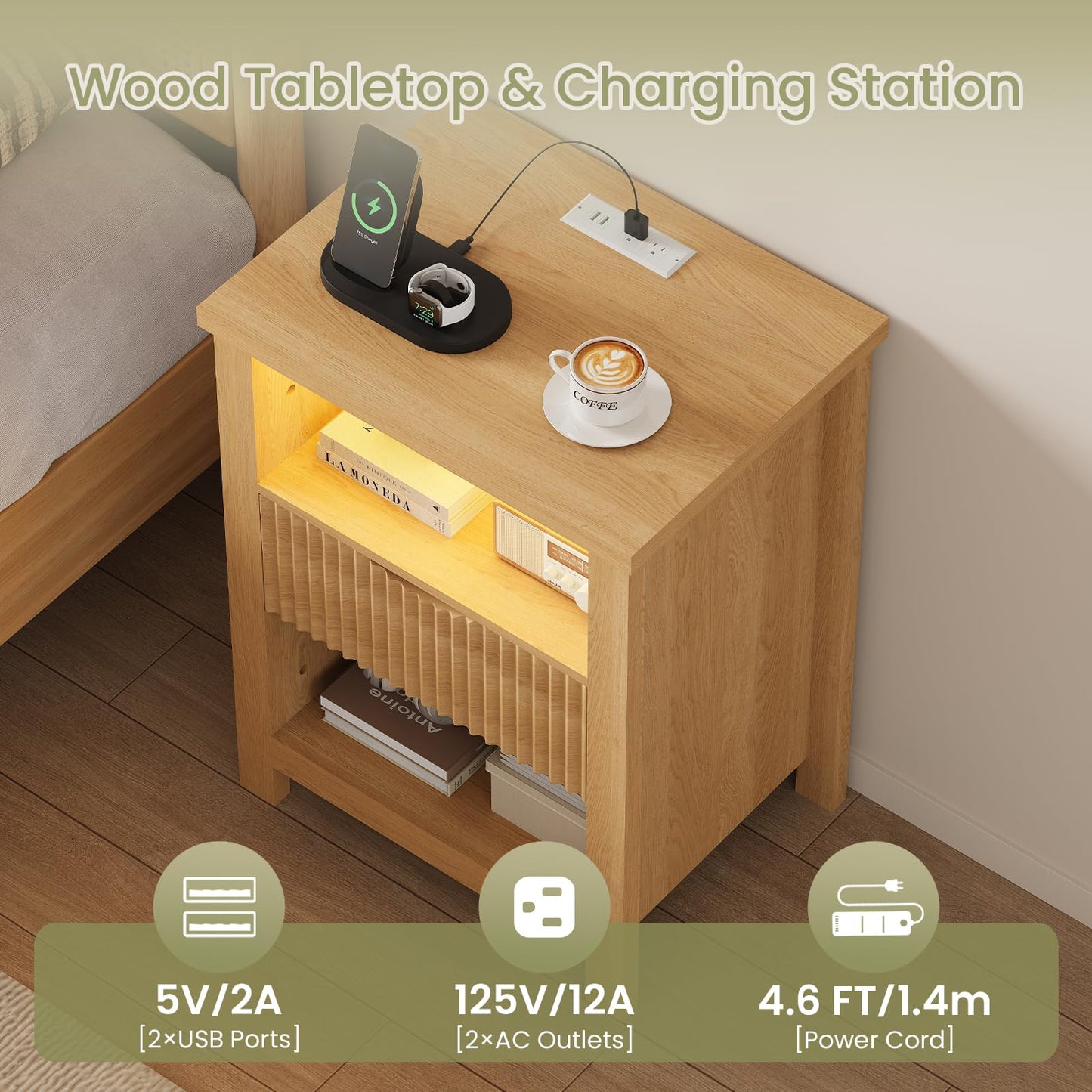 LAKEMID Fluted Nightstand with Charging Station,20 Inch Wide Bedside Tables with Led Lights,Modern Wood Night Stand with Drawers,Wooden Bed Side Table for Bedroom,Living Room,Natural Oak