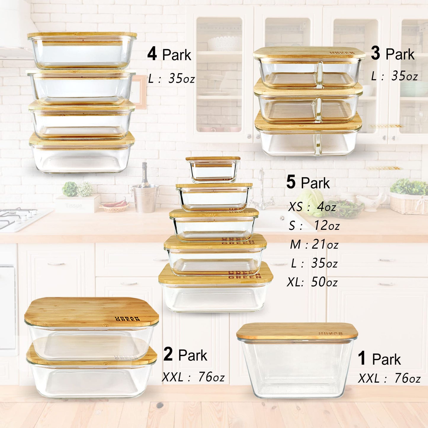 Urban Green Glass Containers with Bamboo Lids, Bamboo Meal Prep Storage Containers with Lids, Oven, Freezer, Microwave Safe, Pack of 4, 35oz
