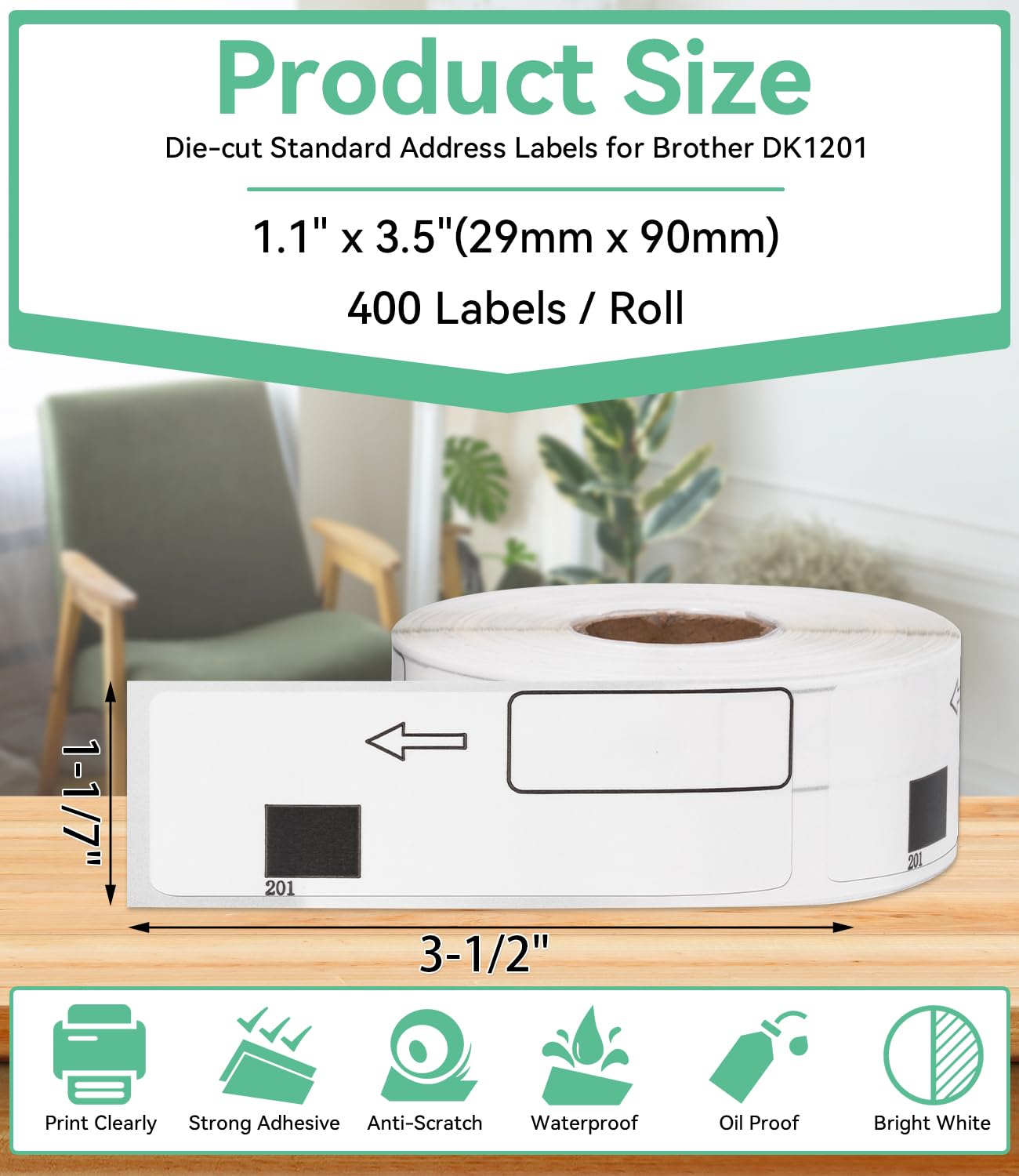 12 Rolls Replace Brother Die-Cut 29mm x 90mm DK Labels QL-800 Standard Address Label DK-1201 (1.1" x 3.5") for QL-810W QL-710W Label Printer, Barcode & All Purpose Label, 4800 Labels + 1 Frame