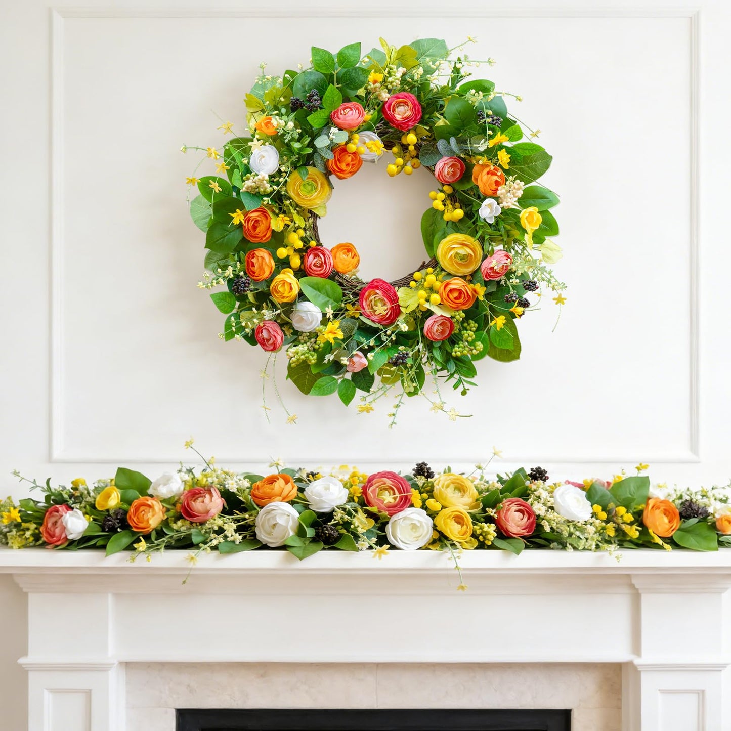 Spring Summer Wreaths for Front Door Outside 24 Inch, Summer Wreath Outdoor with Lotus and Berries, Green Floral Door Wreath for All Season Home Wall Wedding Farmhouse Holiday