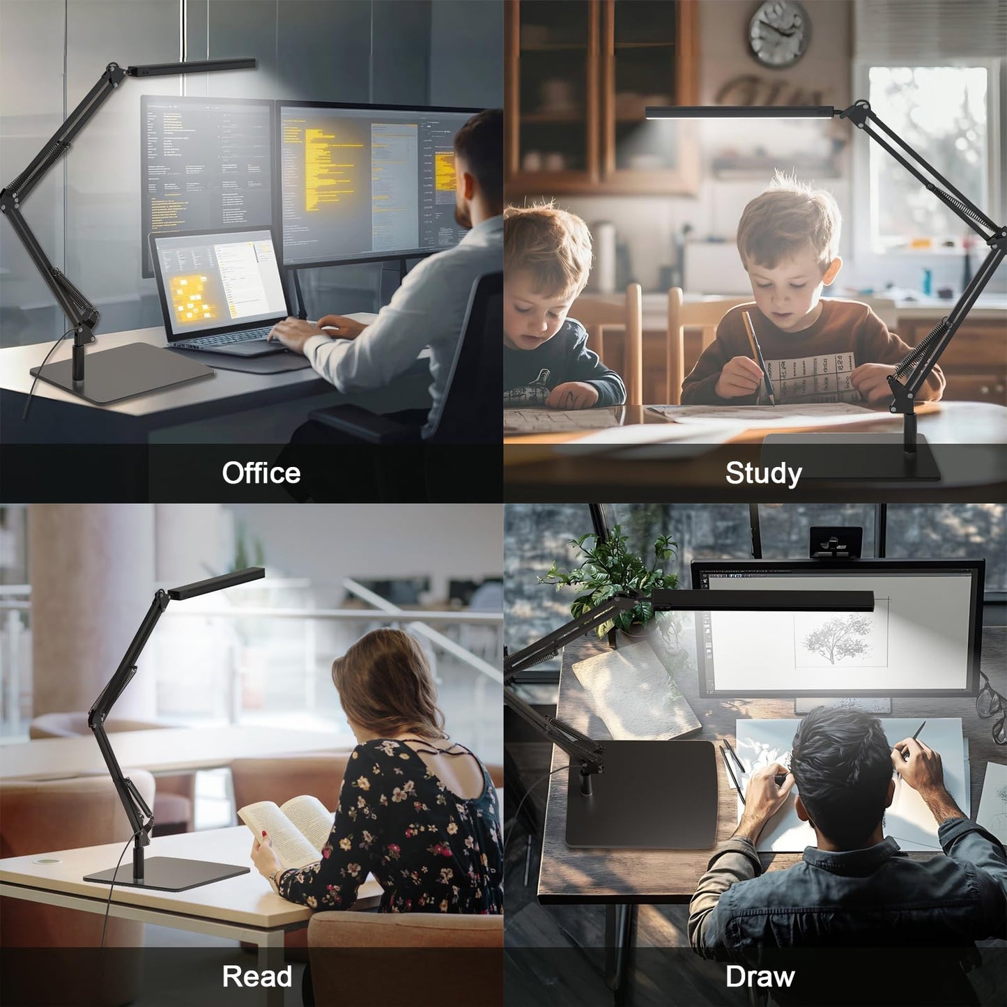 TROPICALTREE LED Desk Lamp for Home Office and Round Base, Clamp-On with 5 Light Modes & Auto Shut Off | 14W Adjustable Brightness 5000K Eye-Caring Lighting for Study/Bedroom/Computer Desk