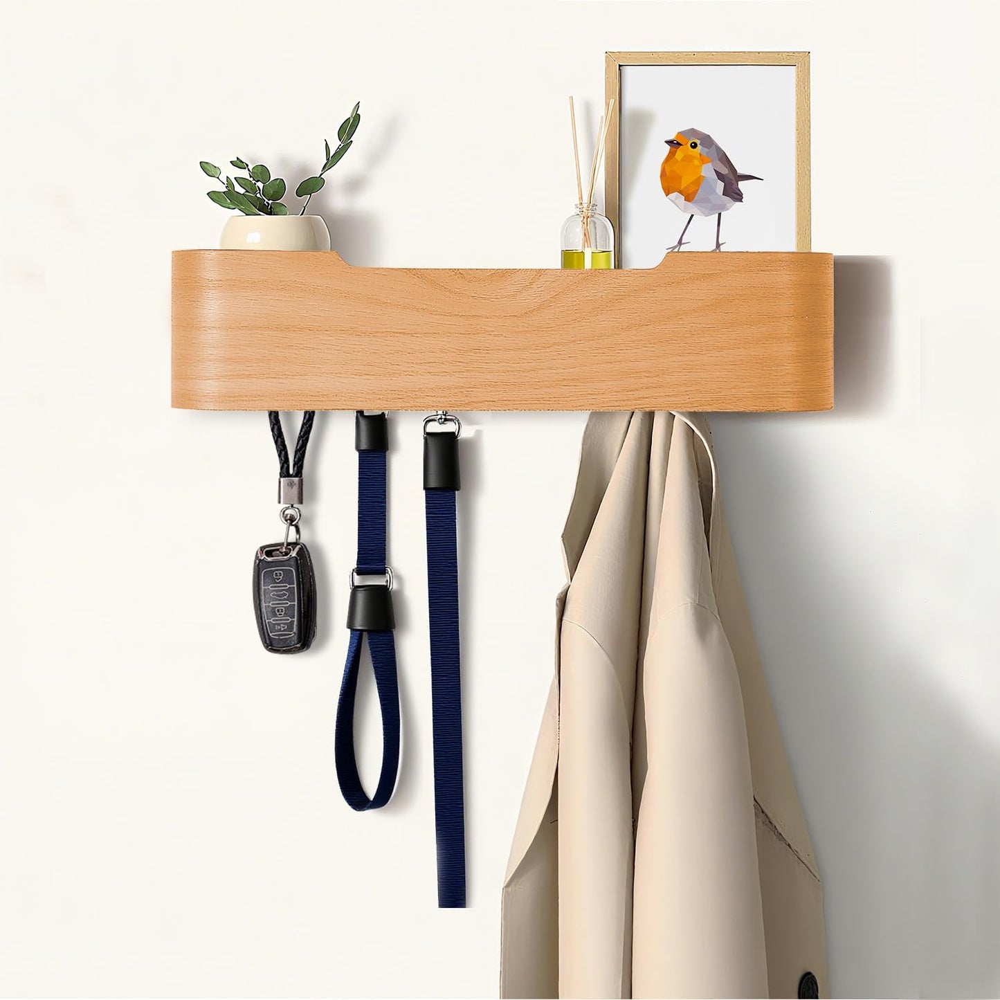 Nevsokio Coat Rack Wall Mount with Hidden Hooks, Wall Hooks with Shelf, Wall Key Holder Mount Wooden Shelf Entryway Hooks for Bedroom Bathroom for Hanging Coats Hats Bags Towels (Oak, 4 Hooks)