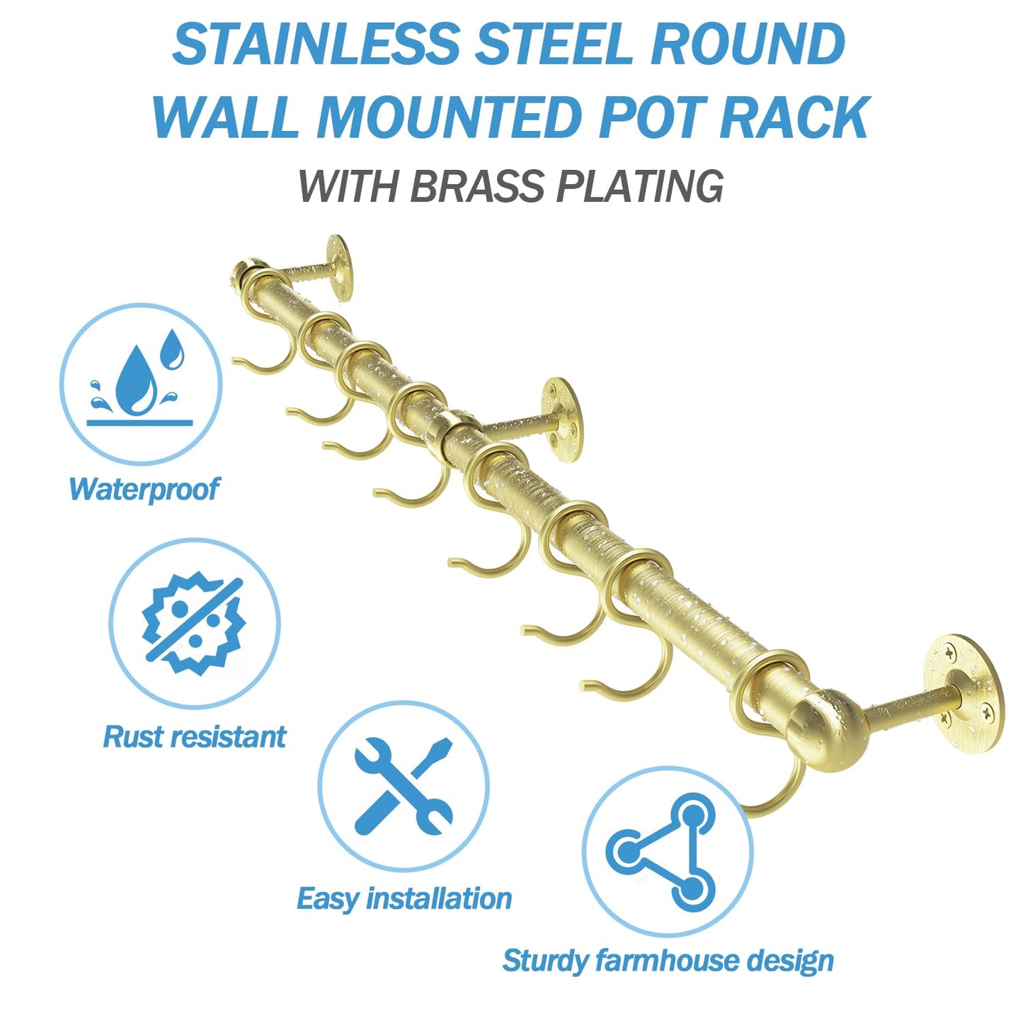 ROTHLEY Stainless Steel Hanging Pot Rack Hanger: 23.7 Inch Brass Pot and Pan Hanger Wall Mounted Hanging Pot Bar Rack Heavy Duty Pot Hangers Kitchen Rail with 8 S Hooks