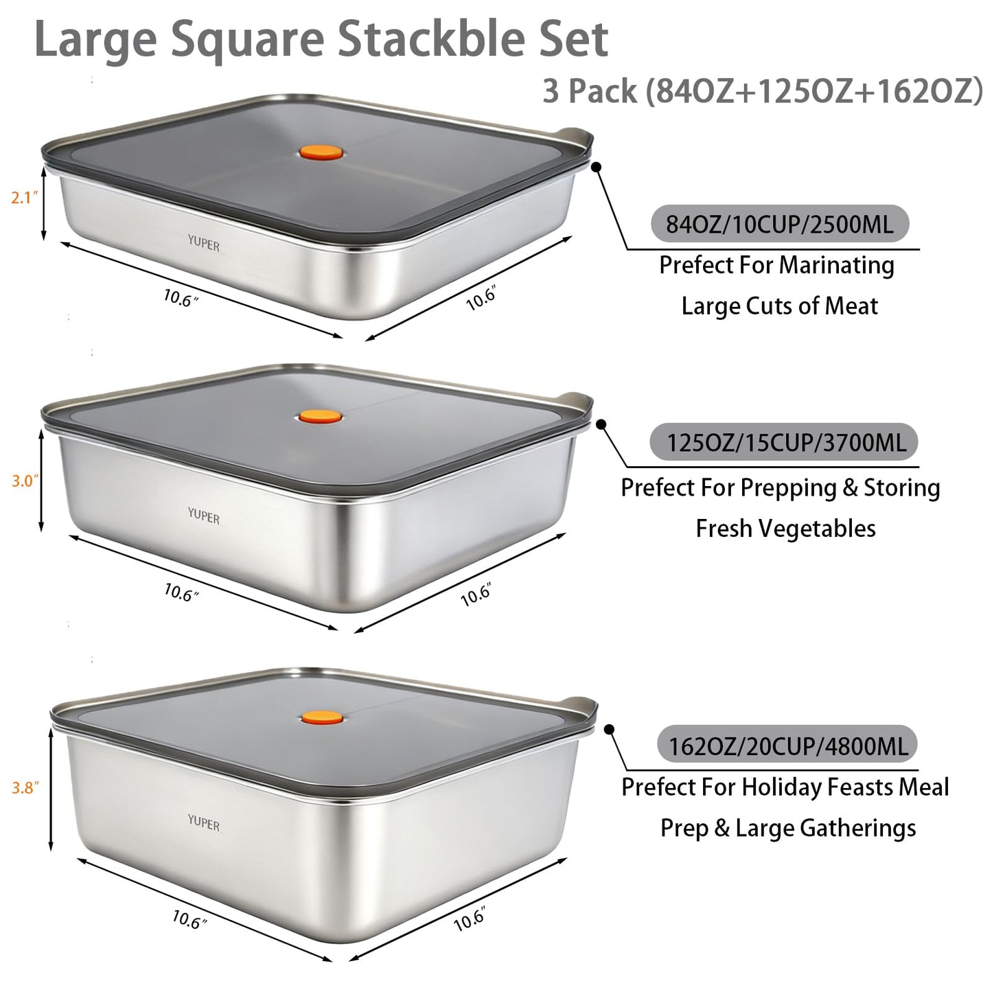YUPER Stainless Steel Food Storage Containers, Large Meal Prep Container Sets with Lids, BPA Free, Leak Proof & Airtight, Microwave, Dishwasher, Fridge, Freezer & Oven Safe, 3 Pack (84+125+162OZ)