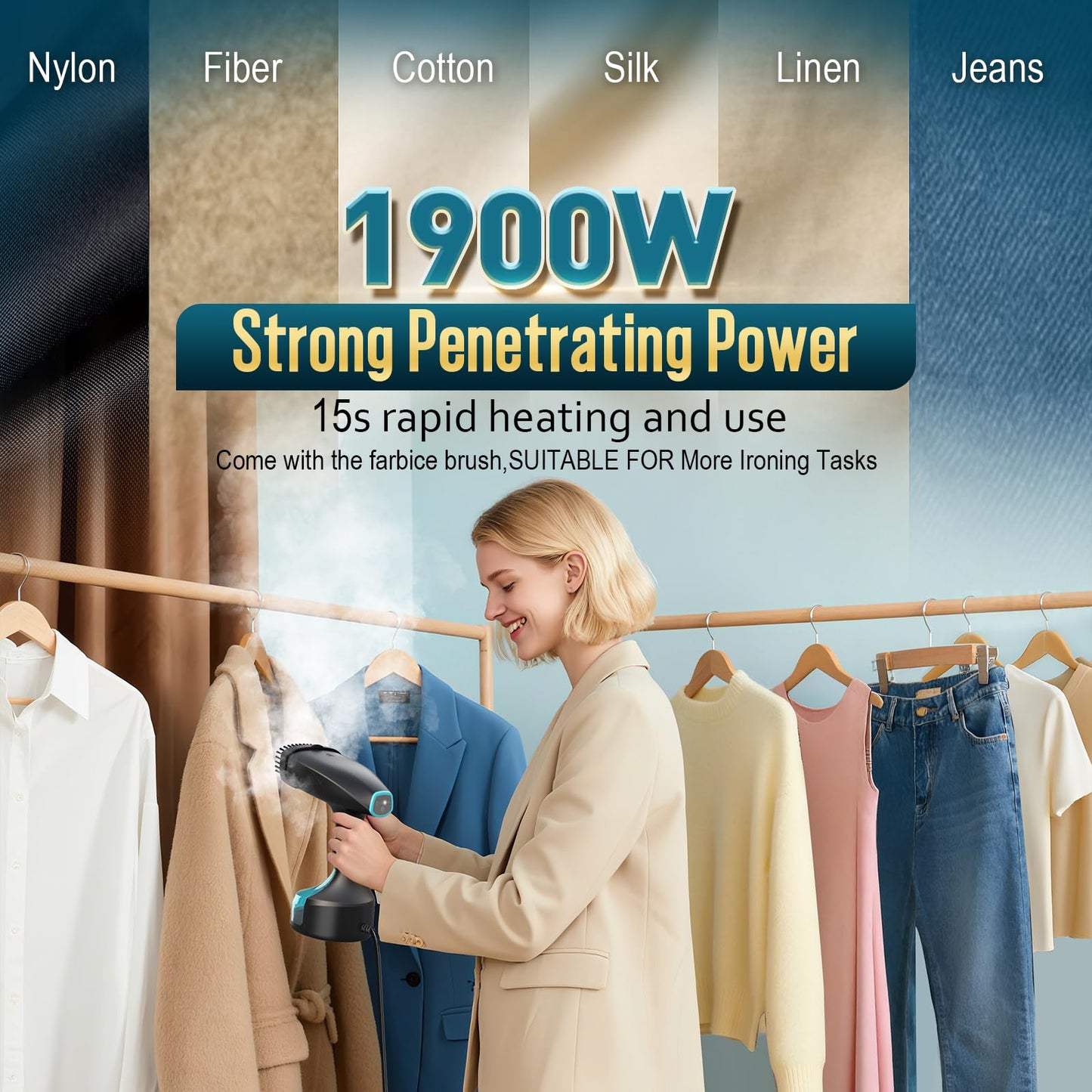 Steamer for Clothes - 1900W Strong Penetrating Steam & Fast Wrinkle Remover Portable Handheld Garment Steamer 3 Steam Settings, Fabric Brush & 300ml Big Capacity, Clothes Steamer Iron for Home Travel