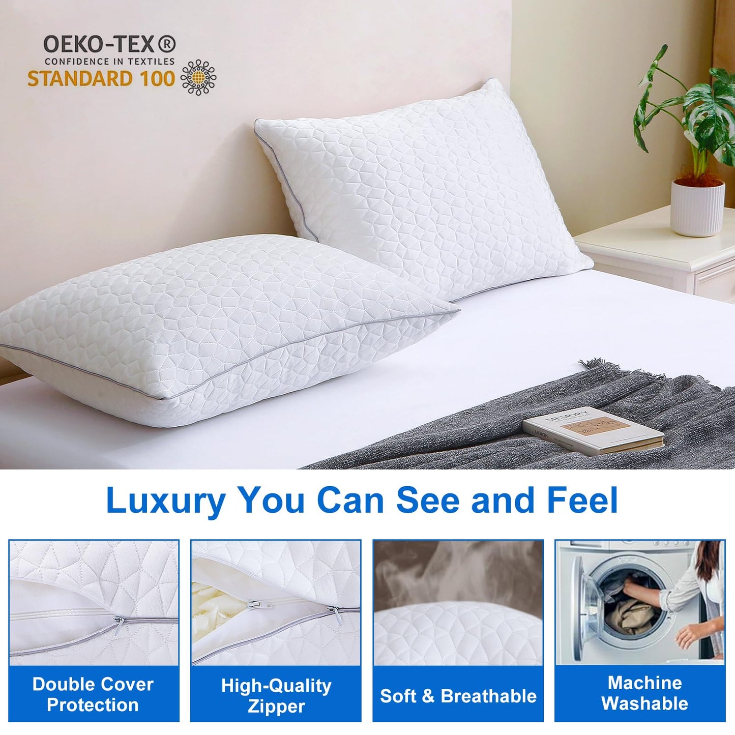 Cooling King Size Pillows Set of 2, Shredded Memory Foam Pillows, Adjustable Firm Bed Pillows Cool Cold Pillow for Hot Side Back Stomach Sleepers with Removable Washable Cover, 20" x 36", White