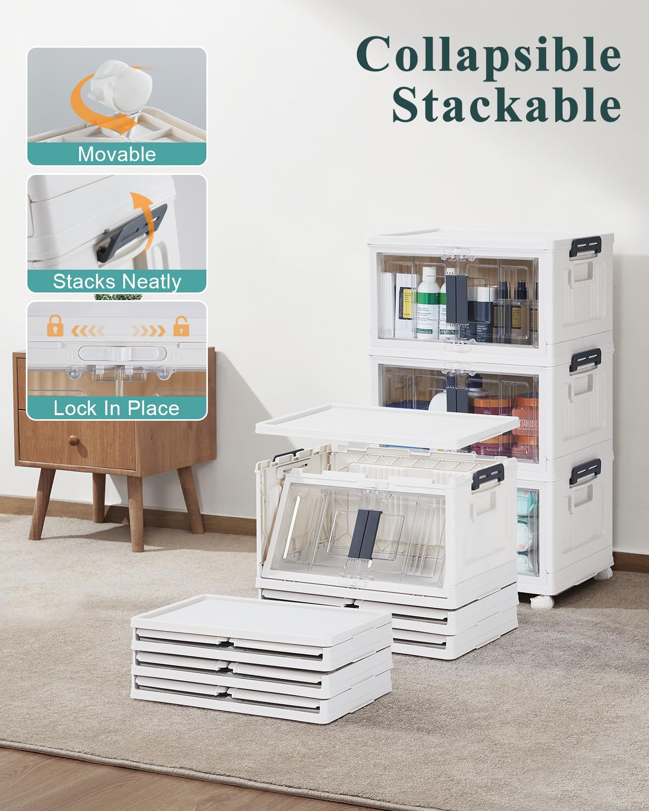 OlarHike 23QT Stackable Storage Bins with Lids - Folding Storage Box with Doors and Wheels, Collapsible Plastic Organizers for Closets and Organization, Bathroom, Drawers, Office, Gifts, 3 Pack